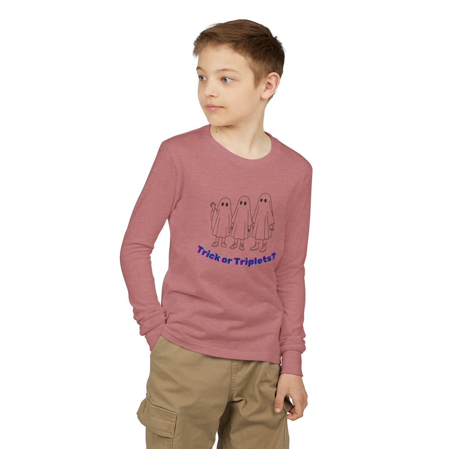 Youth Long Sleeve Tee — 'Trick or Triplets?' Ghosts Halloween Shirt