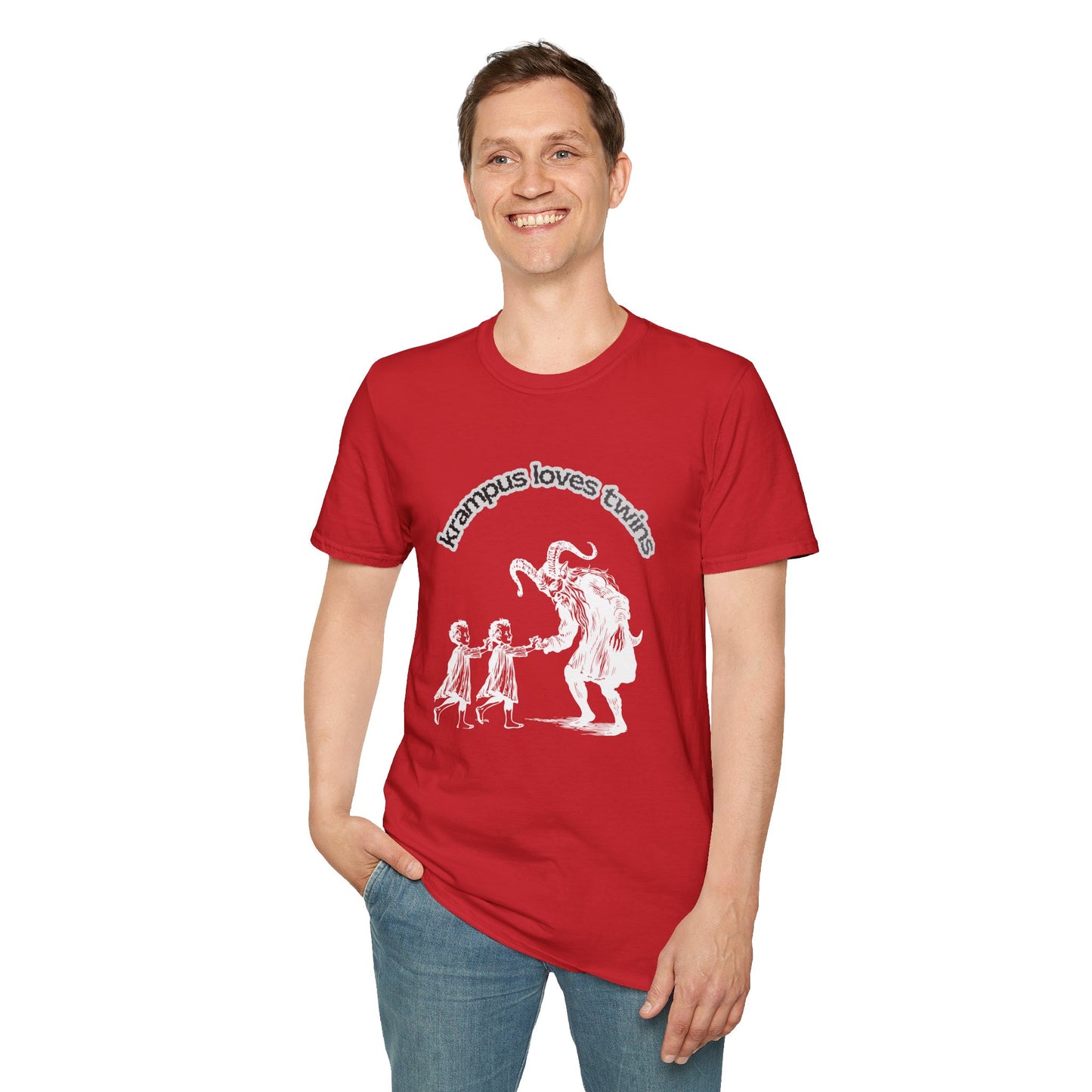 Krampus Loves Twins- Horror Theme Twin Parent Shirt — Funny Gothic Holiday Tee
