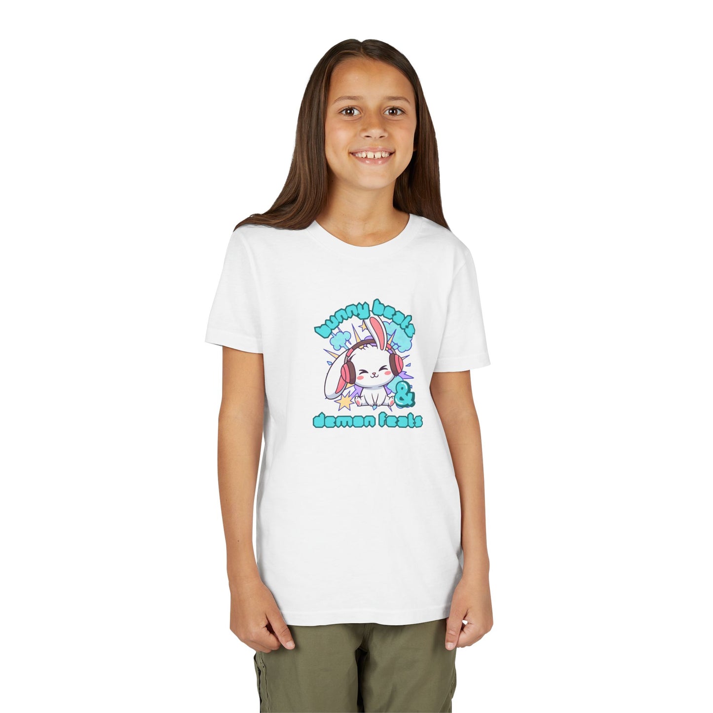 Cute Easter Bunny Headphones Graphic Tee for Young Adults- "Bunny Beats and Demon Feats" Anime K-pop Shirt