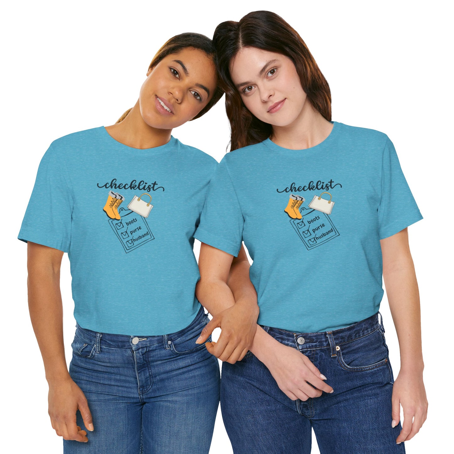 Wife Joke Checklist Tee - 'Checklist: Boots, Purse, Husband' Graphic T-Shirt Christmas Gift