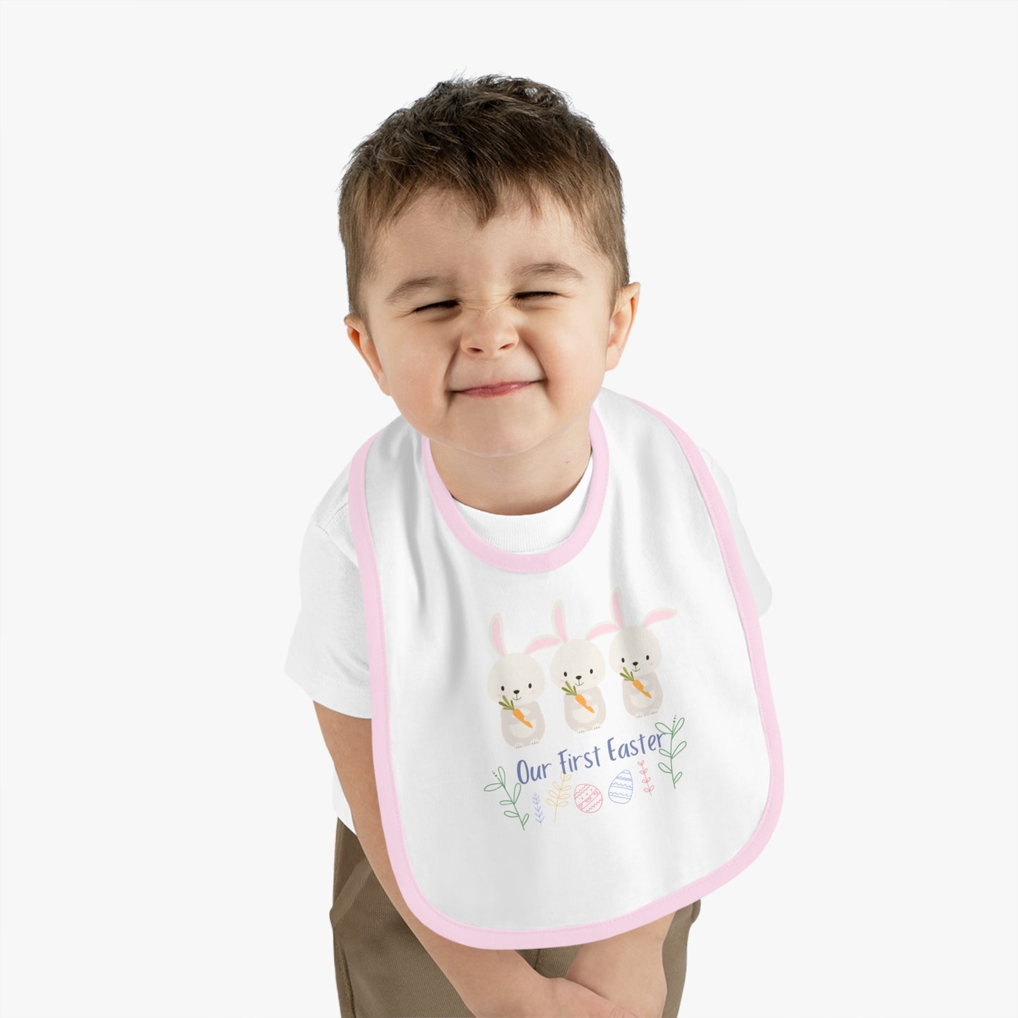 Our First Easter Triplet Baby Bib - Adorable Contrast Trim Jersey Bib for Special Celebrations