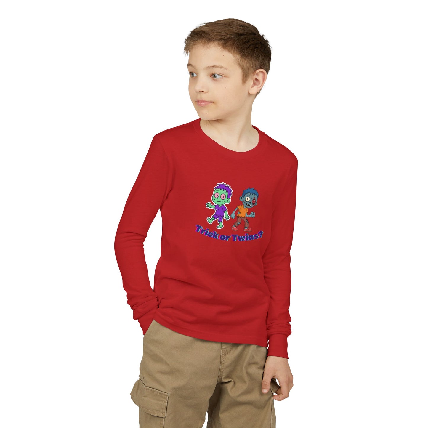 Youth Long Sleeve Tee — "Trick or Twins?" Cute Halloween Twin Zombie Graphic