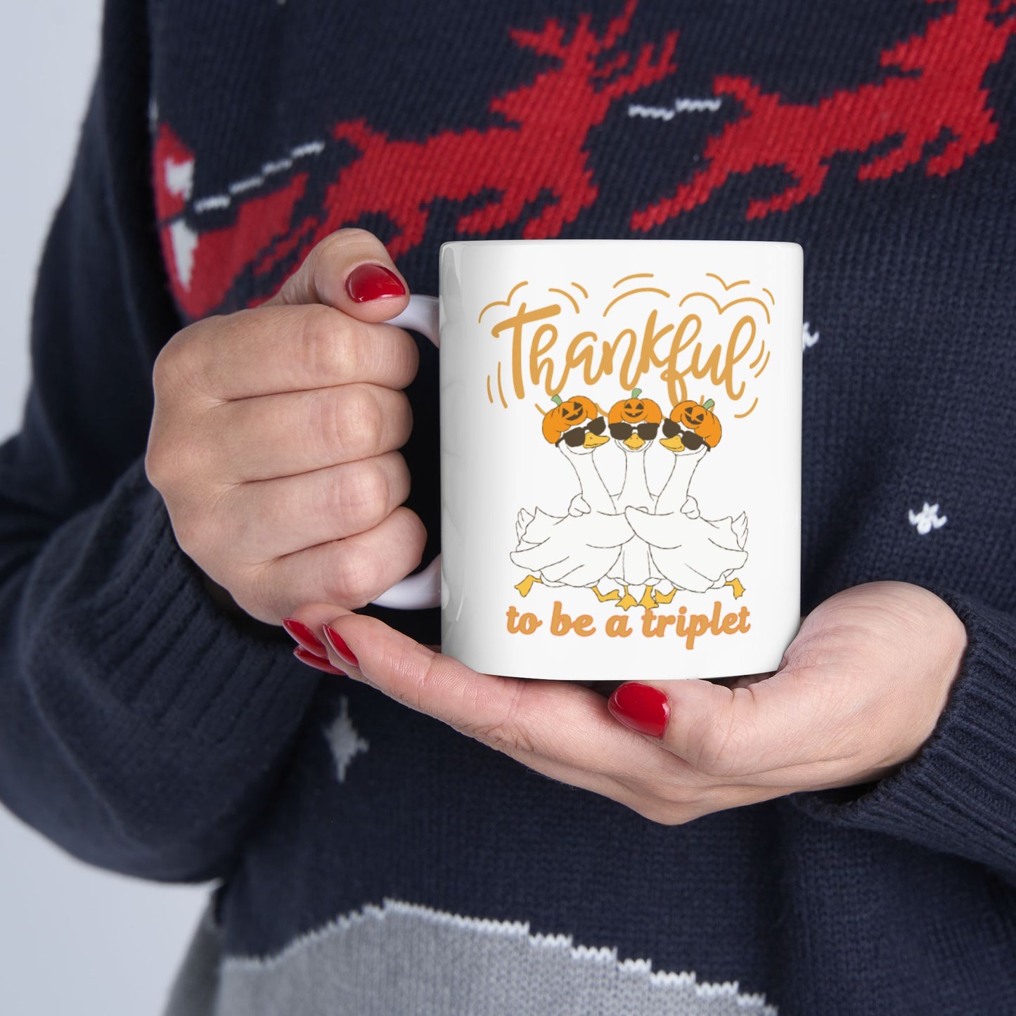 Thankful Duck Ceramic Mug — Thankful to be a Triplet Thanksgiving Triplet Sibling Gift