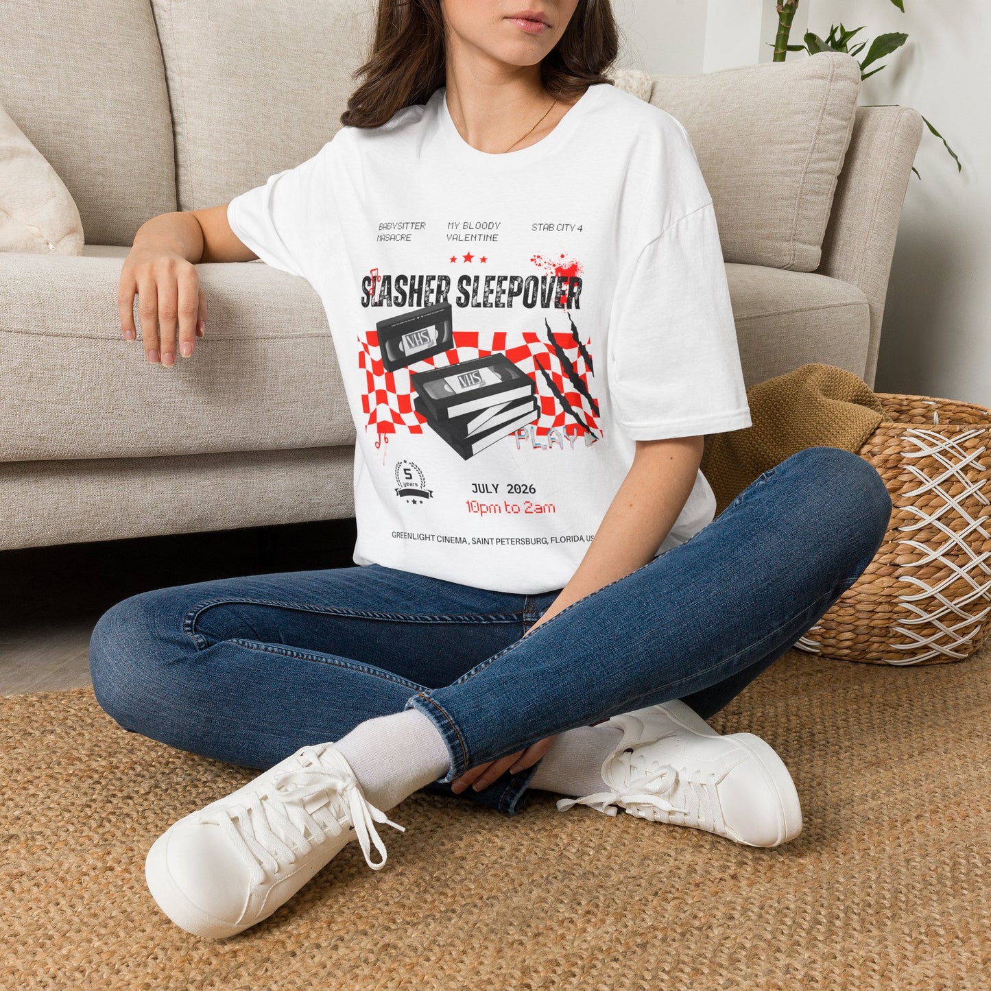 Slasher Sleepover Horror Movie Tee — Retro VHS Blood Splatter Design