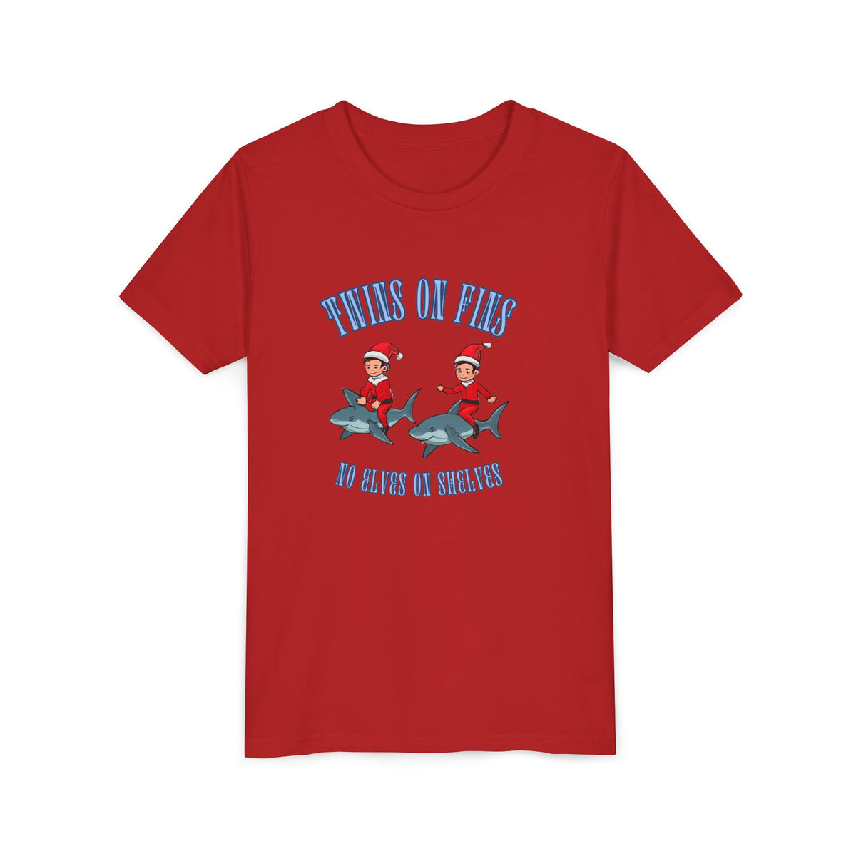 Twins on Fins- Shark Graphic Shirt- Elves on Shelves Parody