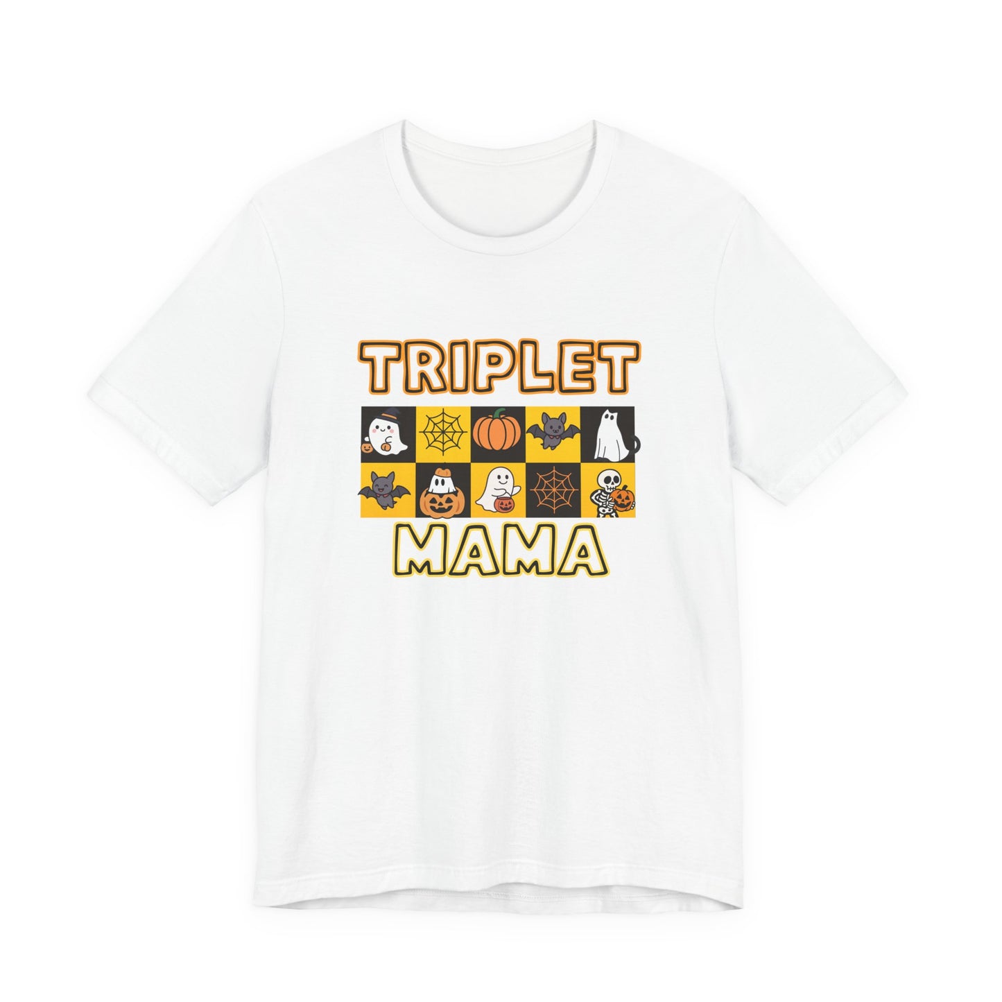 Triplet Mama Halloween Tee — Cute Spooky Mom Shirt with Ghosts & Pumpkins