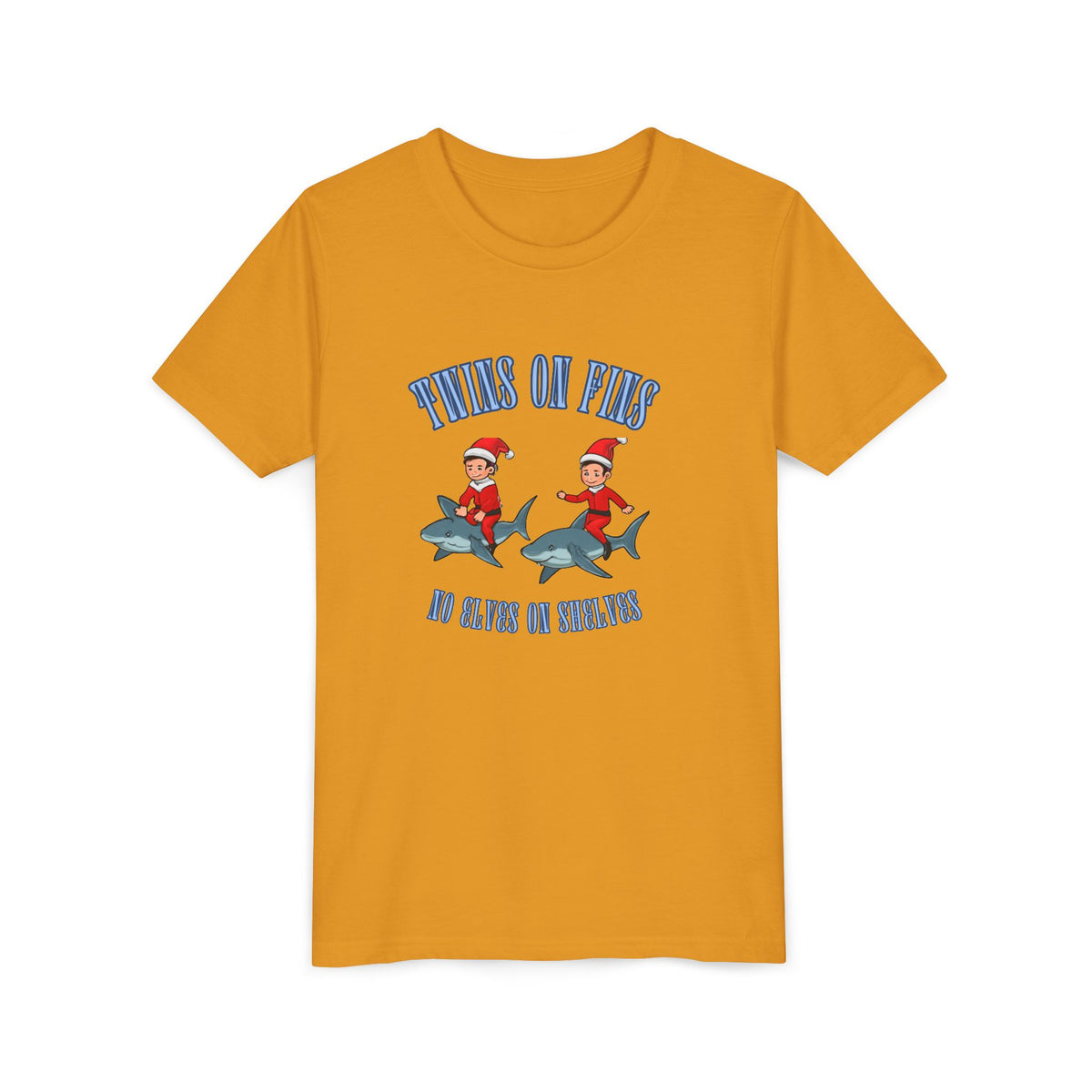 Twins on Fins- Shark Graphic Shirt- Elves on Shelves Parody