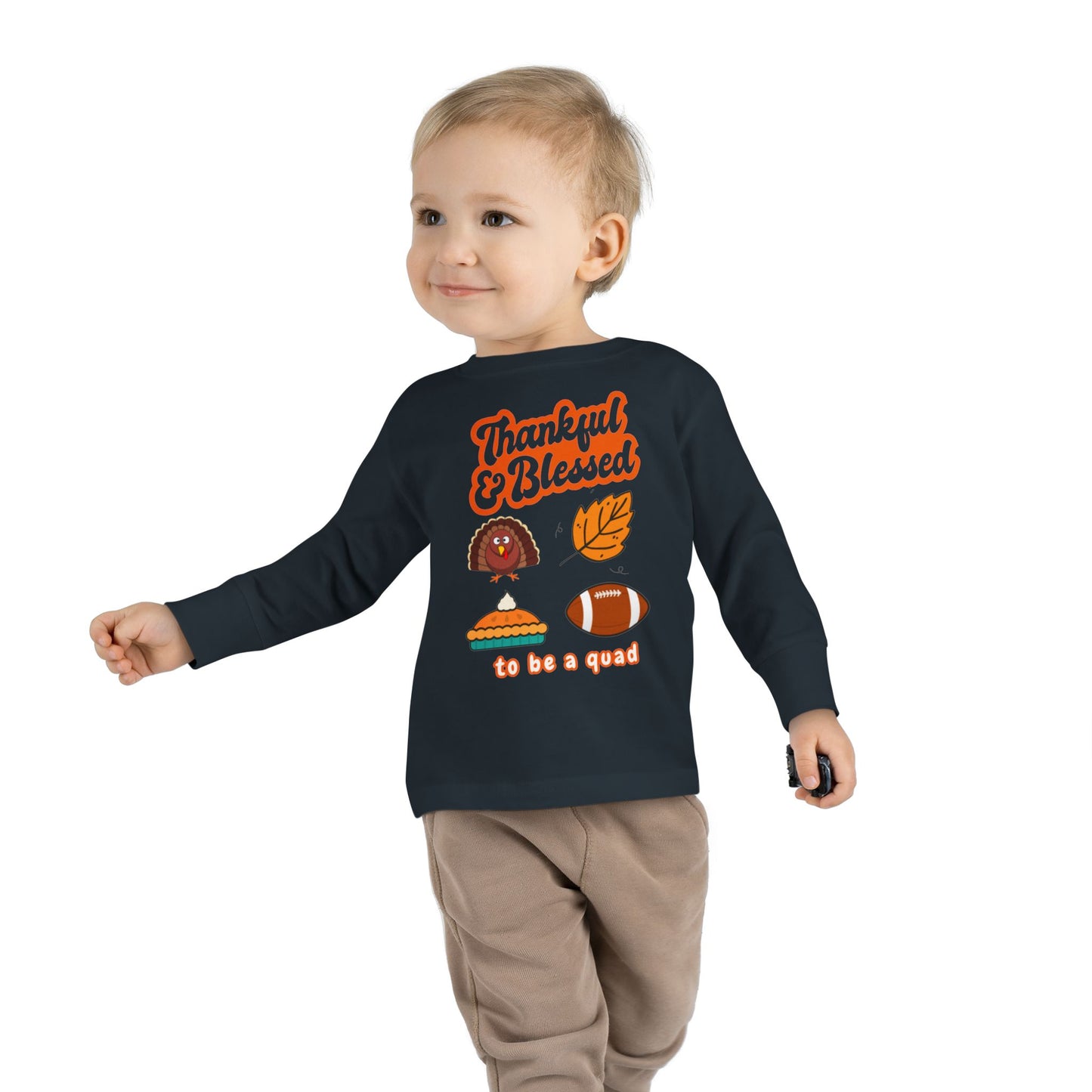 Quadruplet Long Sleeve Tee — "Thankful & Blessed" Thanksgiving Turkey Football Pie Fall Shirt