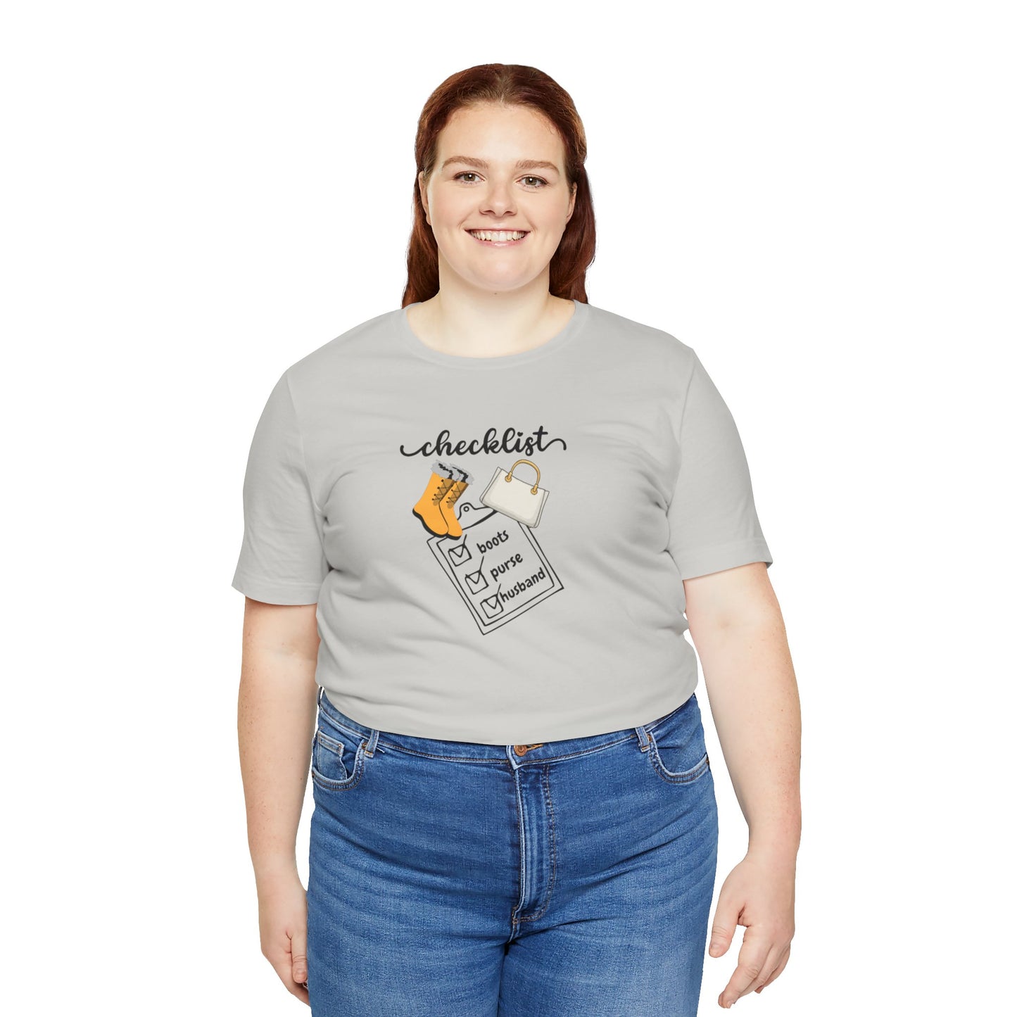 Wife Joke Checklist Tee - 'Checklist: Boots, Purse, Husband' Graphic T-Shirt Christmas Gift