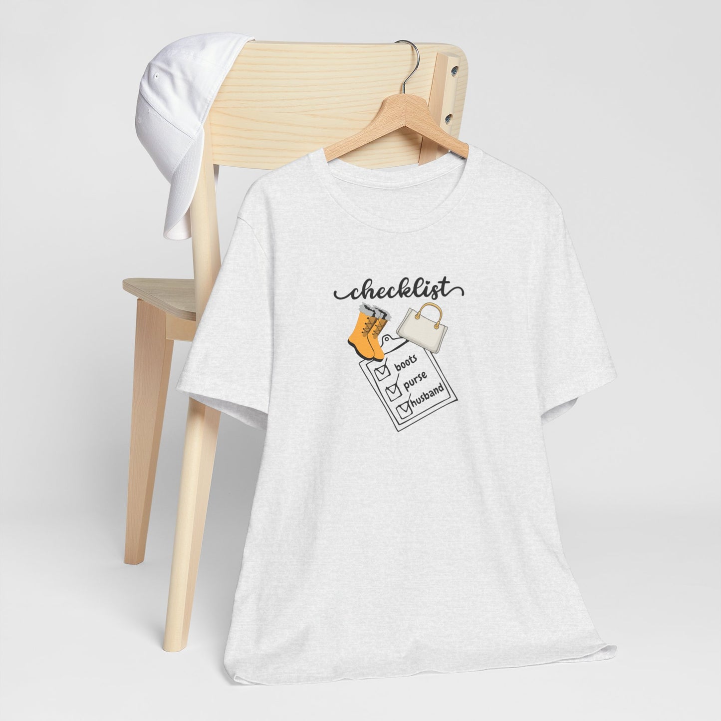 Wife Joke Checklist Tee - 'Checklist: Boots, Purse, Husband' Graphic T-Shirt Christmas Gift