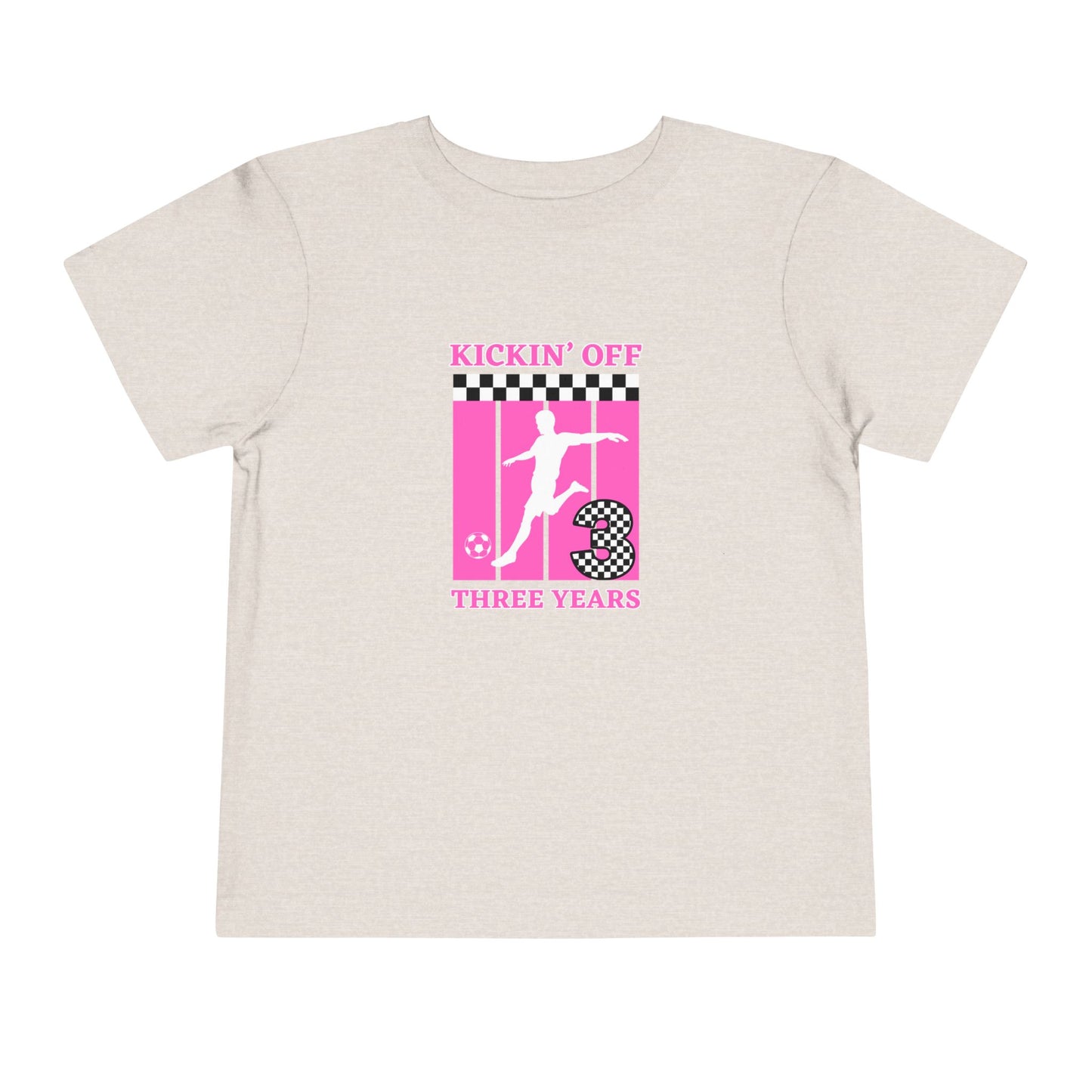 Toddler Girls Soccer Third Birthday Tee — "Kickin' Off Three Years" Pink