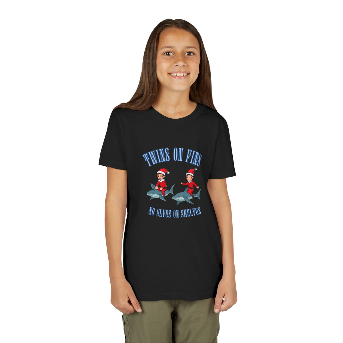 Twins on Fins- Shark Graphic Shirt- Elves on Shelves Parody