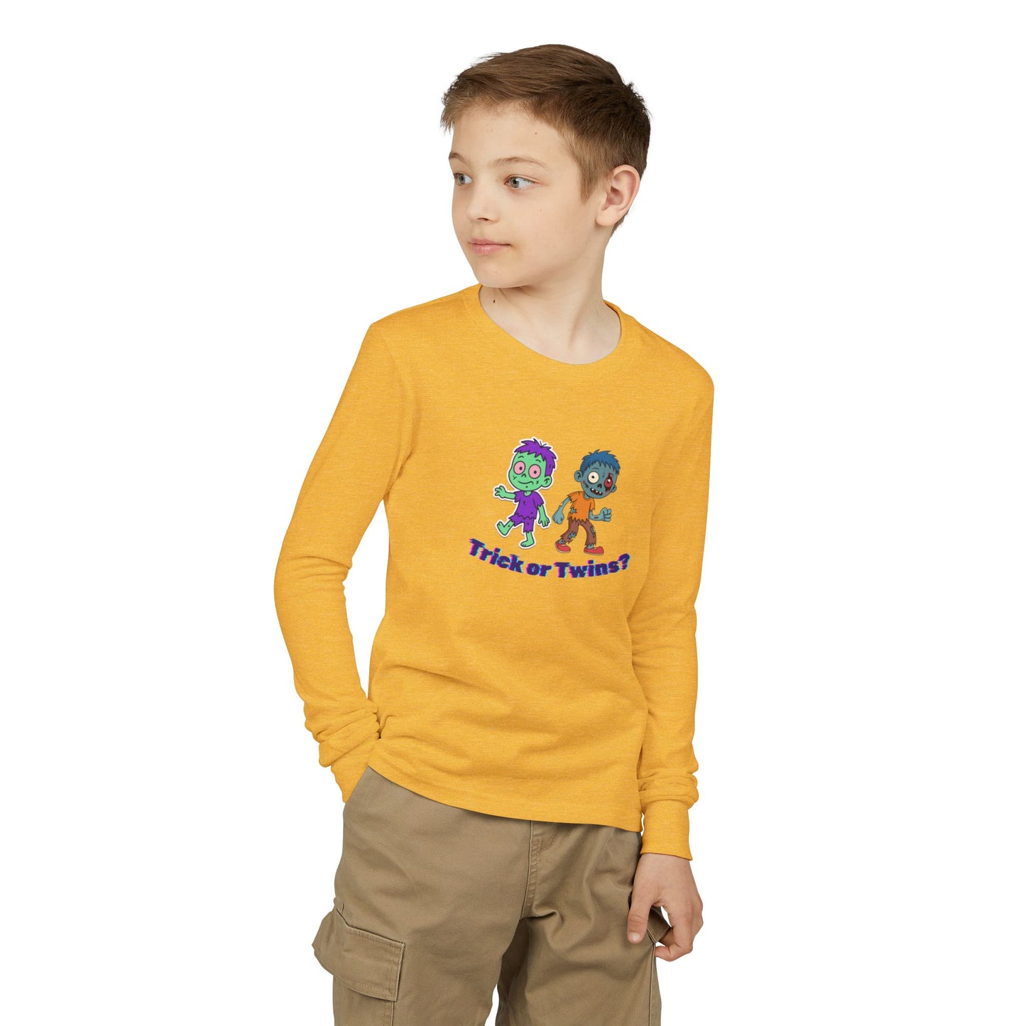 Youth Long Sleeve Tee — "Trick or Twins?" Cute Halloween Twin Zombie Graphic