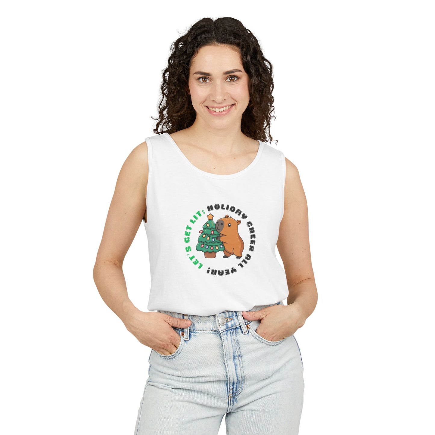 Unisex Holiday Cheer Tank Top — "Get Lit" Christmas Tree & Capybara Graphic