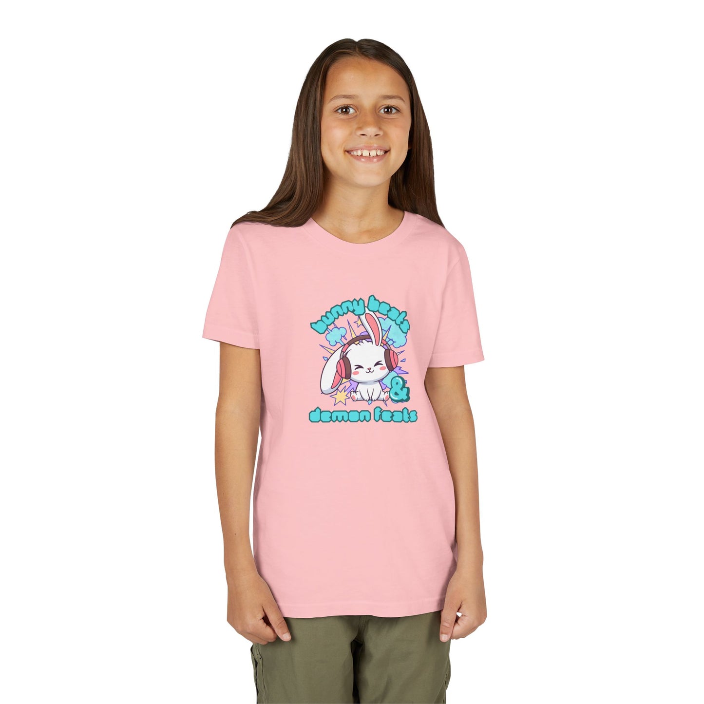 Cute Easter Bunny Headphones Graphic Tee for Young Adults- "Bunny Beats and Demon Feats" Anime K-pop Shirt