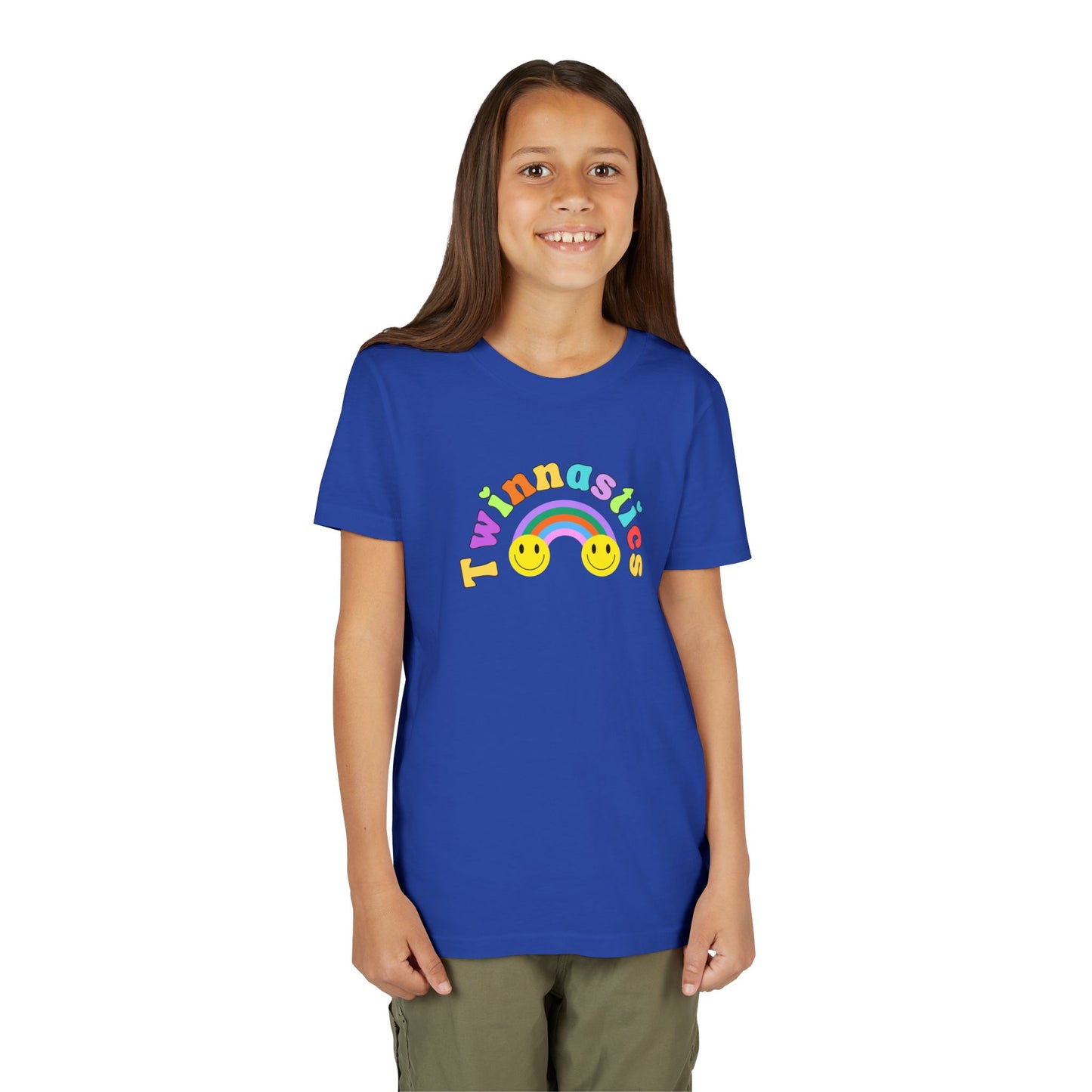 Twin Gymnastics Tee- Front and Back Retro Smiley Face Designs — 'Twinning is Winning' Rainbow
