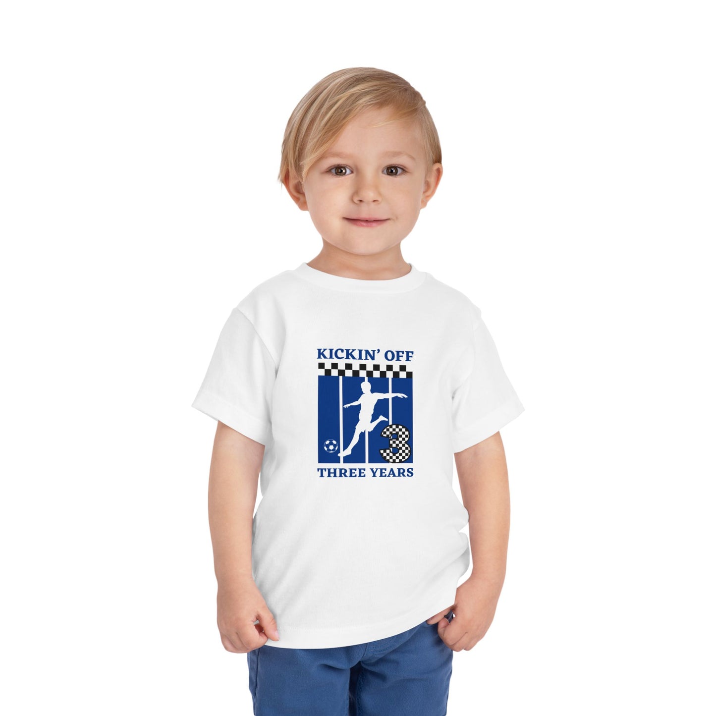Kickin' Off Three Years Toddler Boy Tee — Soccer Third Birthday Shirt