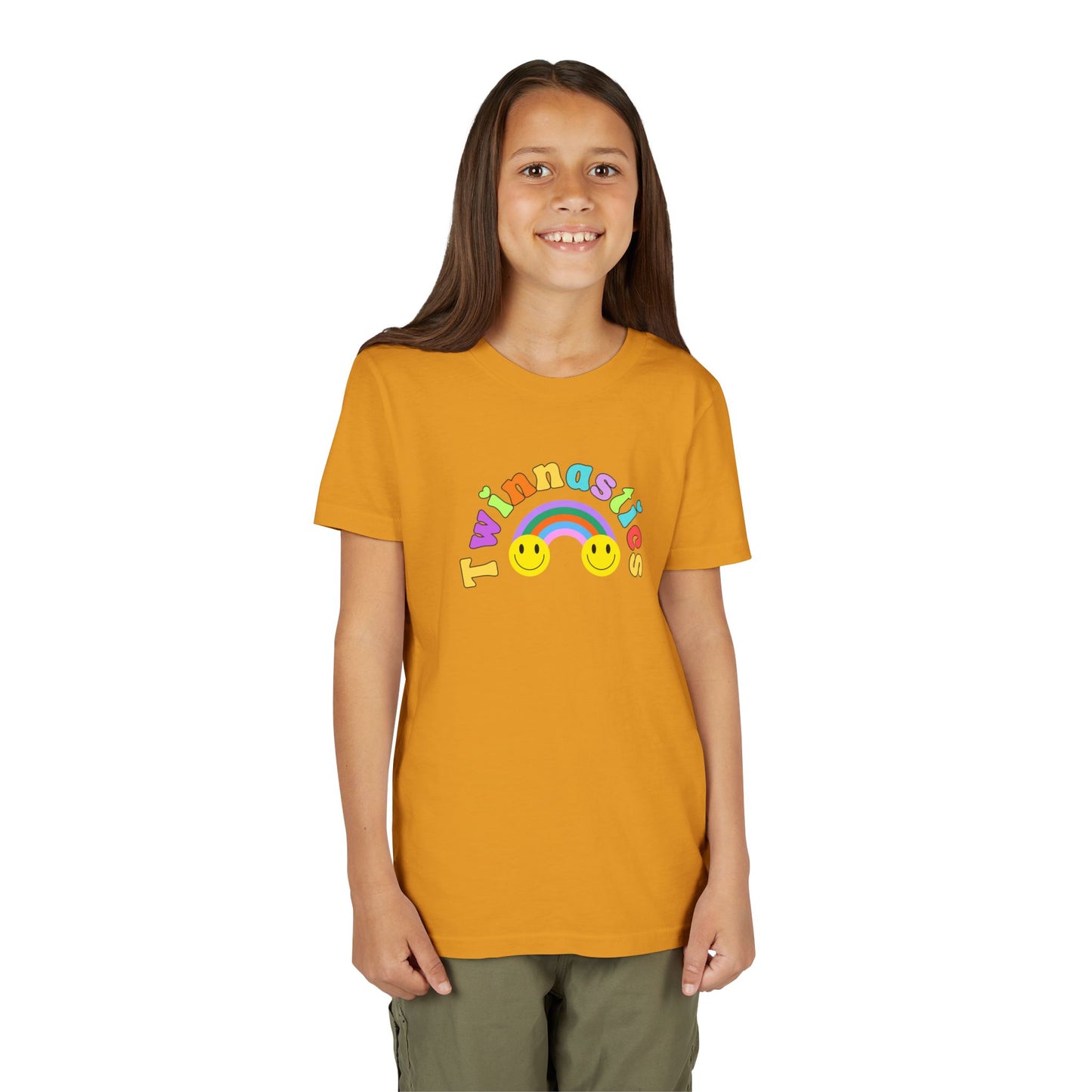 Twin Gymnastics Tee- Front and Back Retro Smiley Face Designs — 'Twinning is Winning' Rainbow