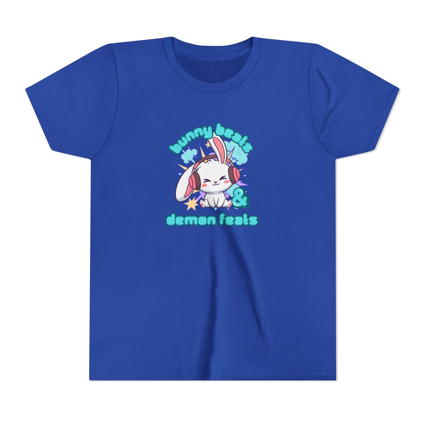 Cute Easter Bunny Headphones Graphic Tee for Young Adults- "Bunny Beats and Demon Feats" Anime K-pop Shirt