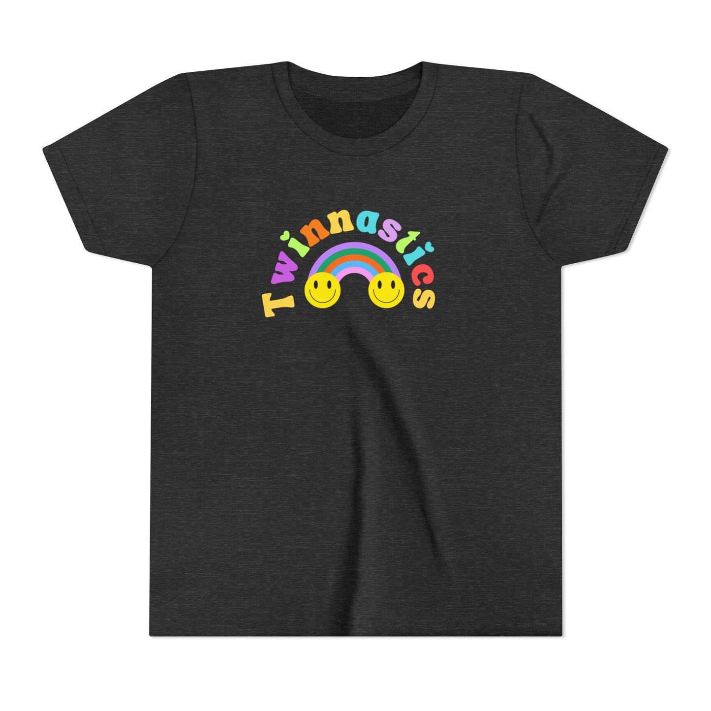 Twin Gymnastics Tee- Front and Back Retro Smiley Face Designs — 'Twinning is Winning' Rainbow