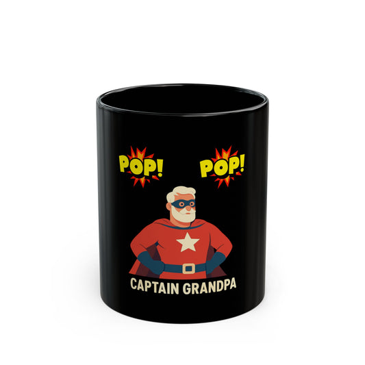 Captain Grandpa Black Mug – "Pop! Pop!" Superhero Grandpa Coffee Cup (11oz/15oz)
