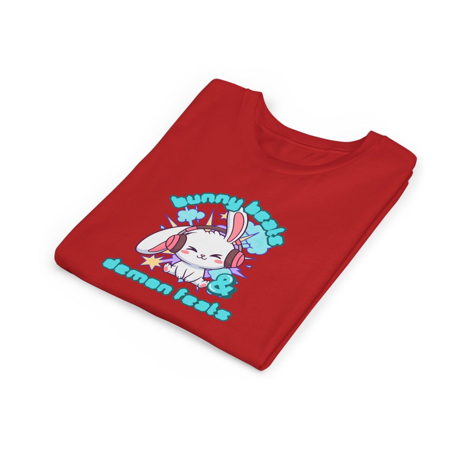Cute Easter Bunny Headphones Graphic Tee for Young Adults- "Bunny Beats and Demon Feats" Anime K-pop Shirt