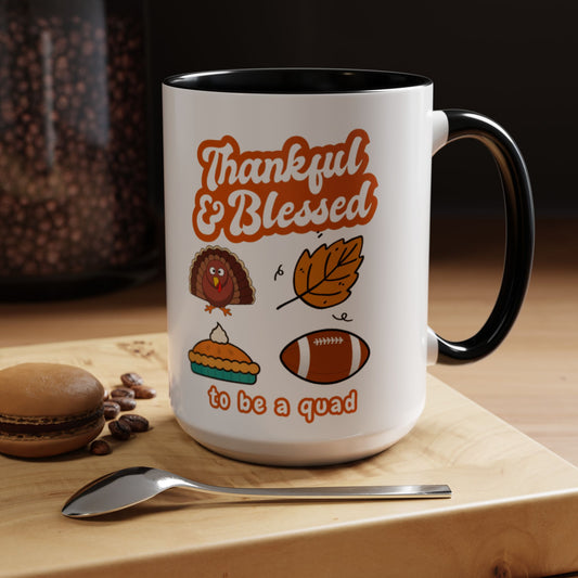 Thankful & Blessed Thanksgiving Coffee Mug — Cute Turkey, Pie & Football Accent Mug (11/15 oz)