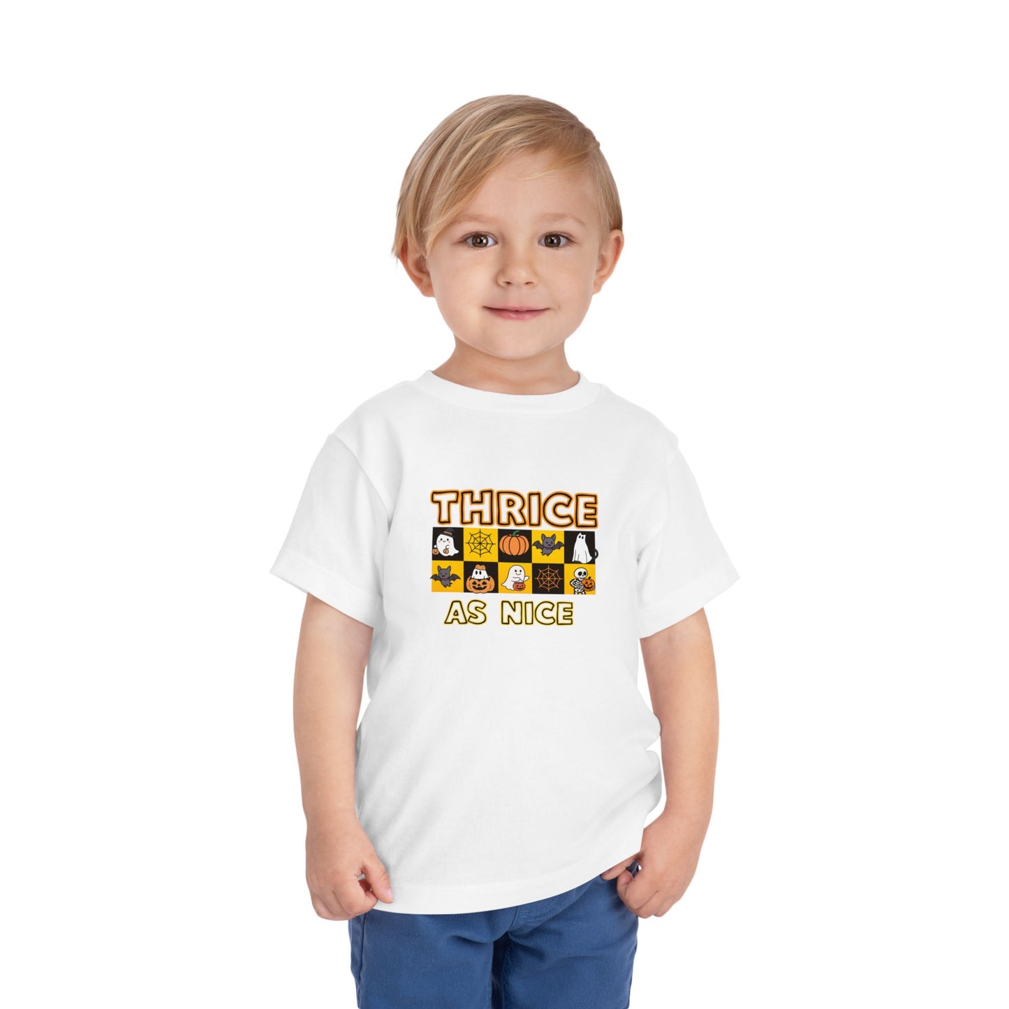 Triplet Halloween Matching Tee — "Thrice As Nice" Cute Checkerboard Fall Graphic (2 to 5 years)