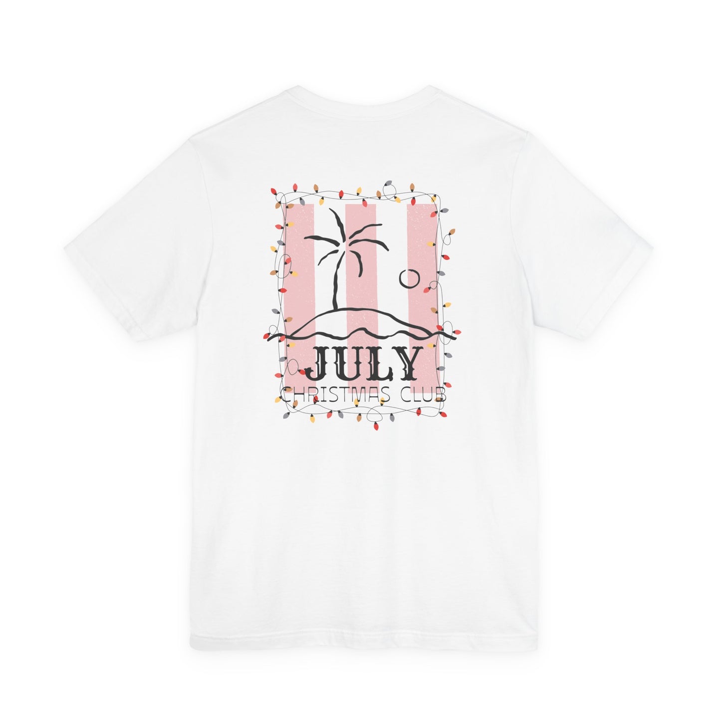 July Christmas Club — Tropical Palm & Holiday Lights Beach Shirt- FRONT AND BACK DESIGN