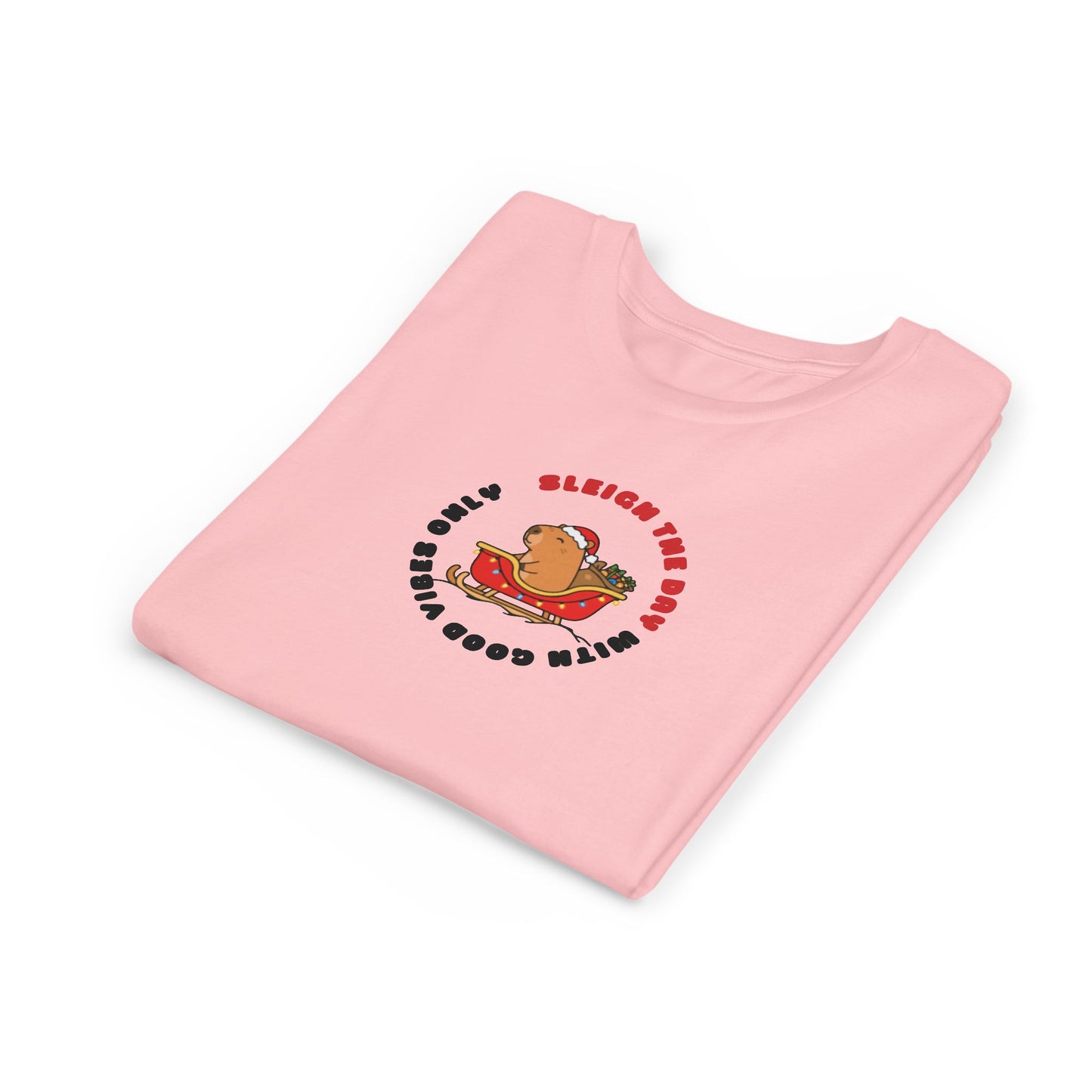 Youth Tee — 'Sleigh The Day' Capybara on Sled Christmas Shirt
