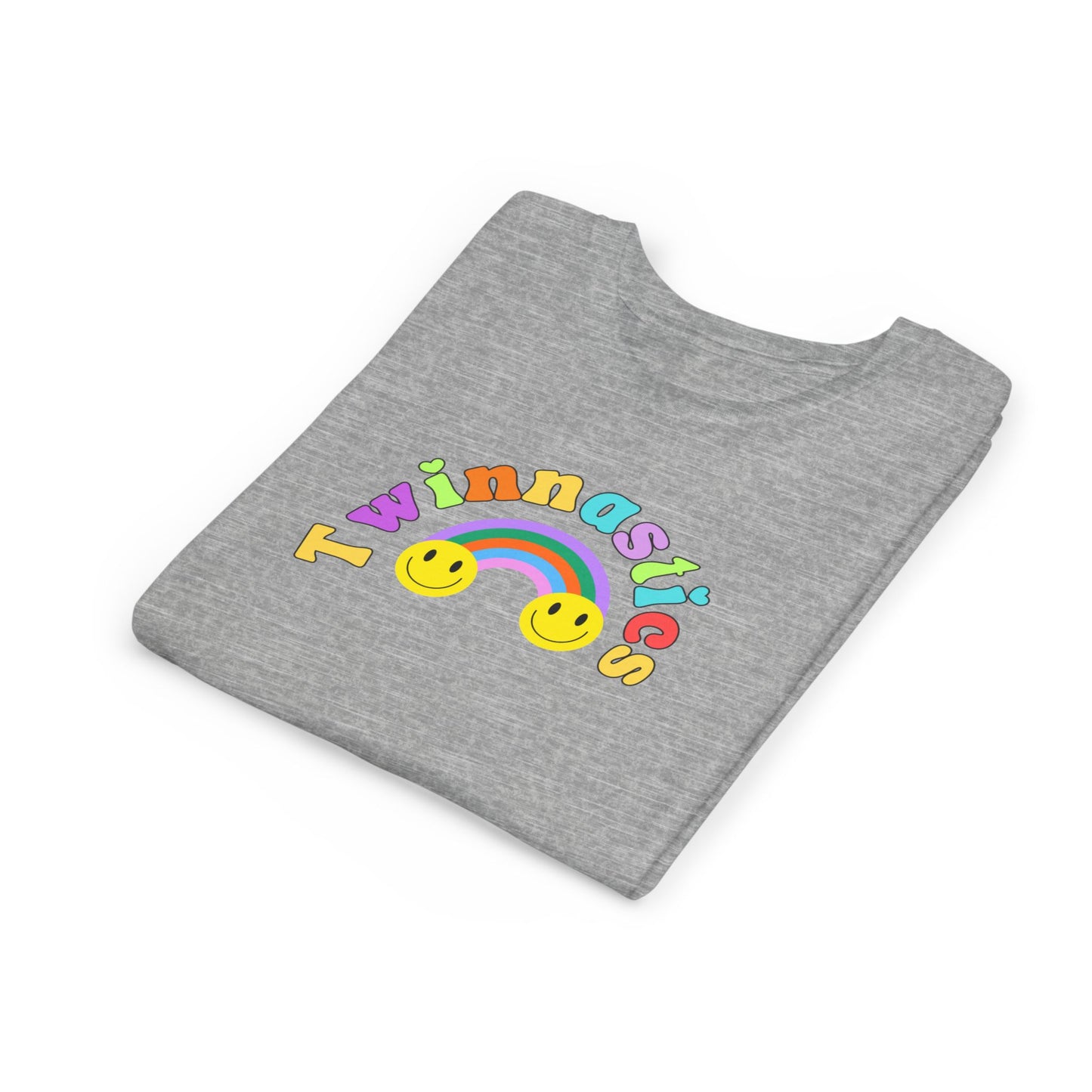 Twin Gymnastics Tee- Front and Back Retro Smiley Face Designs — 'Twinning is Winning' Rainbow