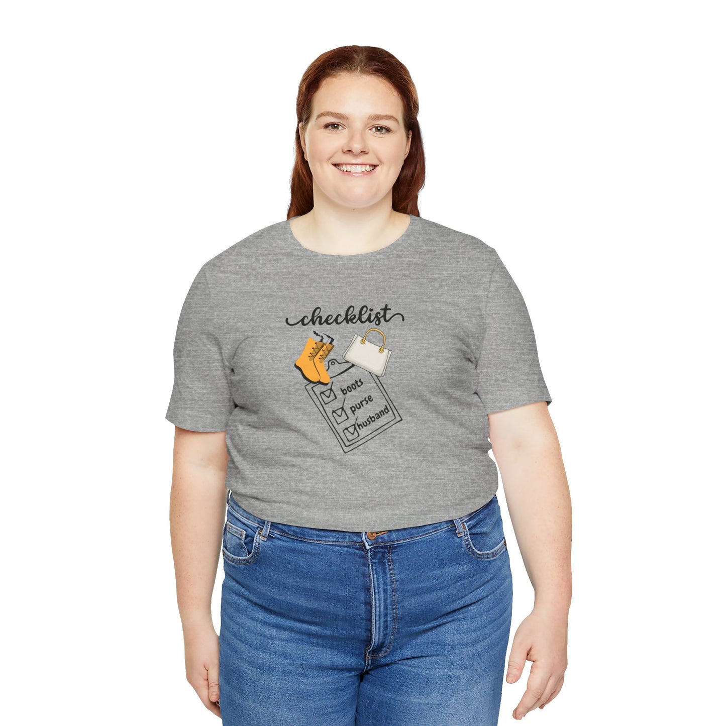 Wife Joke Checklist Tee - 'Checklist: Boots, Purse, Husband' Graphic T-Shirt Christmas Gift