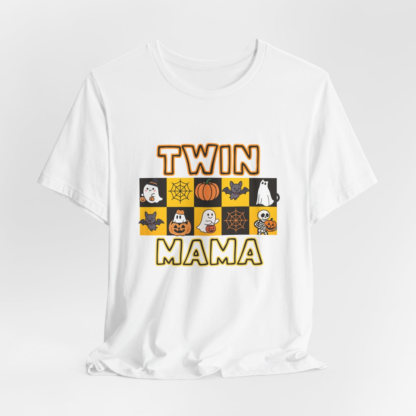 Twin Mama Halloween Tee – Cute Spooky Checkerboard Shirt for Twin Moms