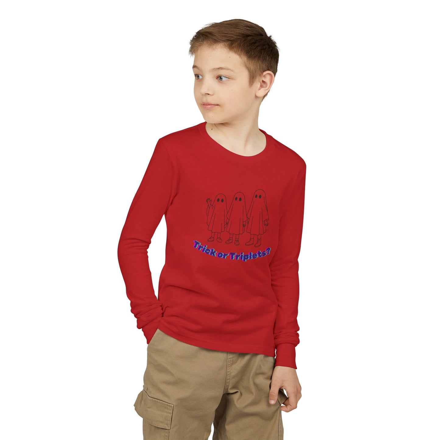 Youth Long Sleeve Tee — 'Trick or Triplets?' Ghosts Halloween Shirt