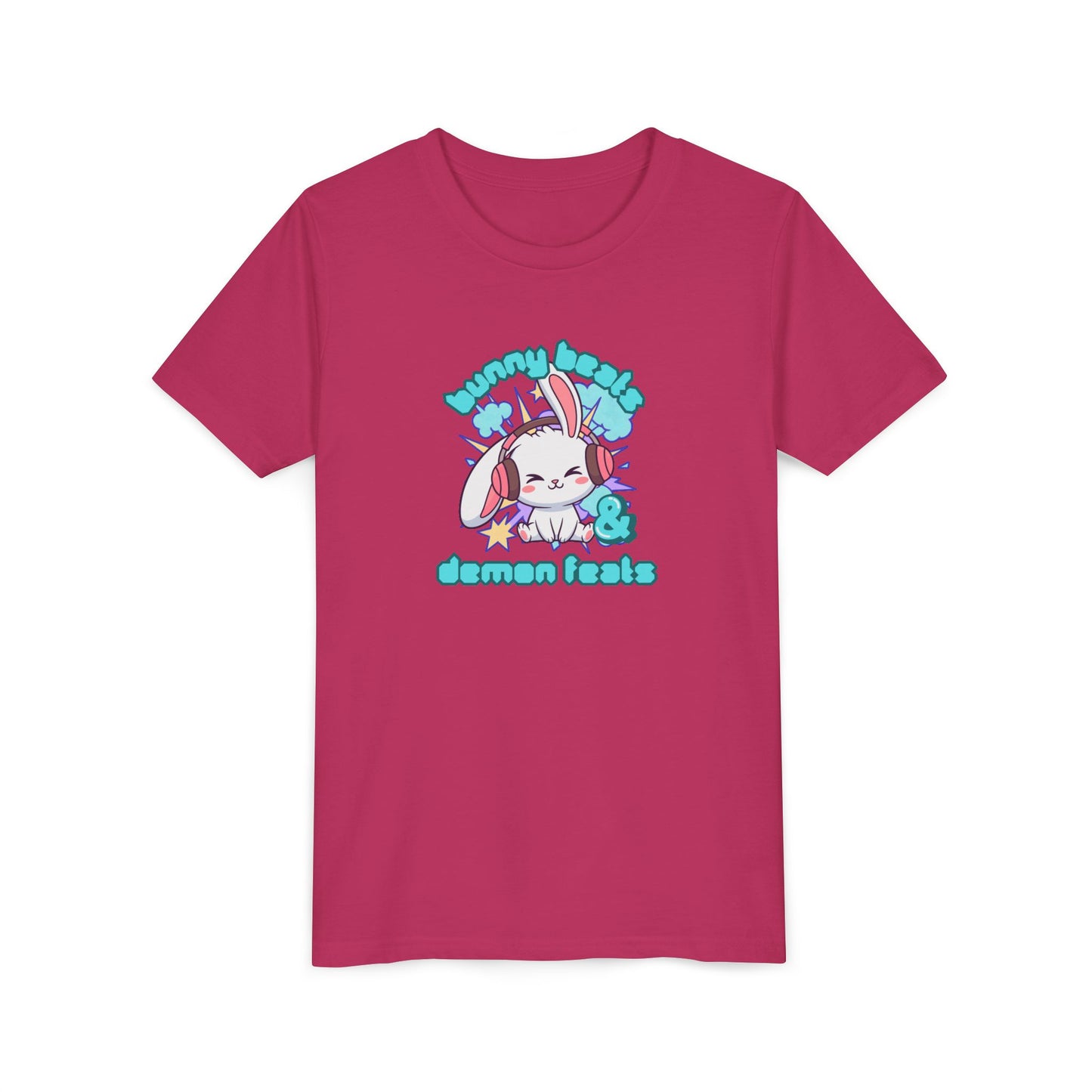Cute Easter Bunny Headphones Graphic Tee for Young Adults- "Bunny Beats and Demon Feats" Anime K-pop Shirt