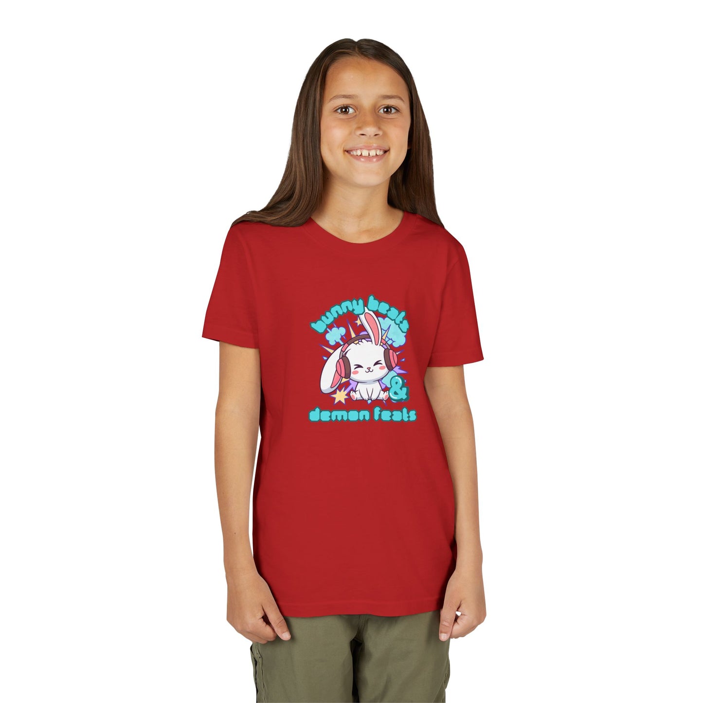 Cute Easter Bunny Headphones Graphic Tee for Young Adults- "Bunny Beats and Demon Feats" Anime K-pop Shirt