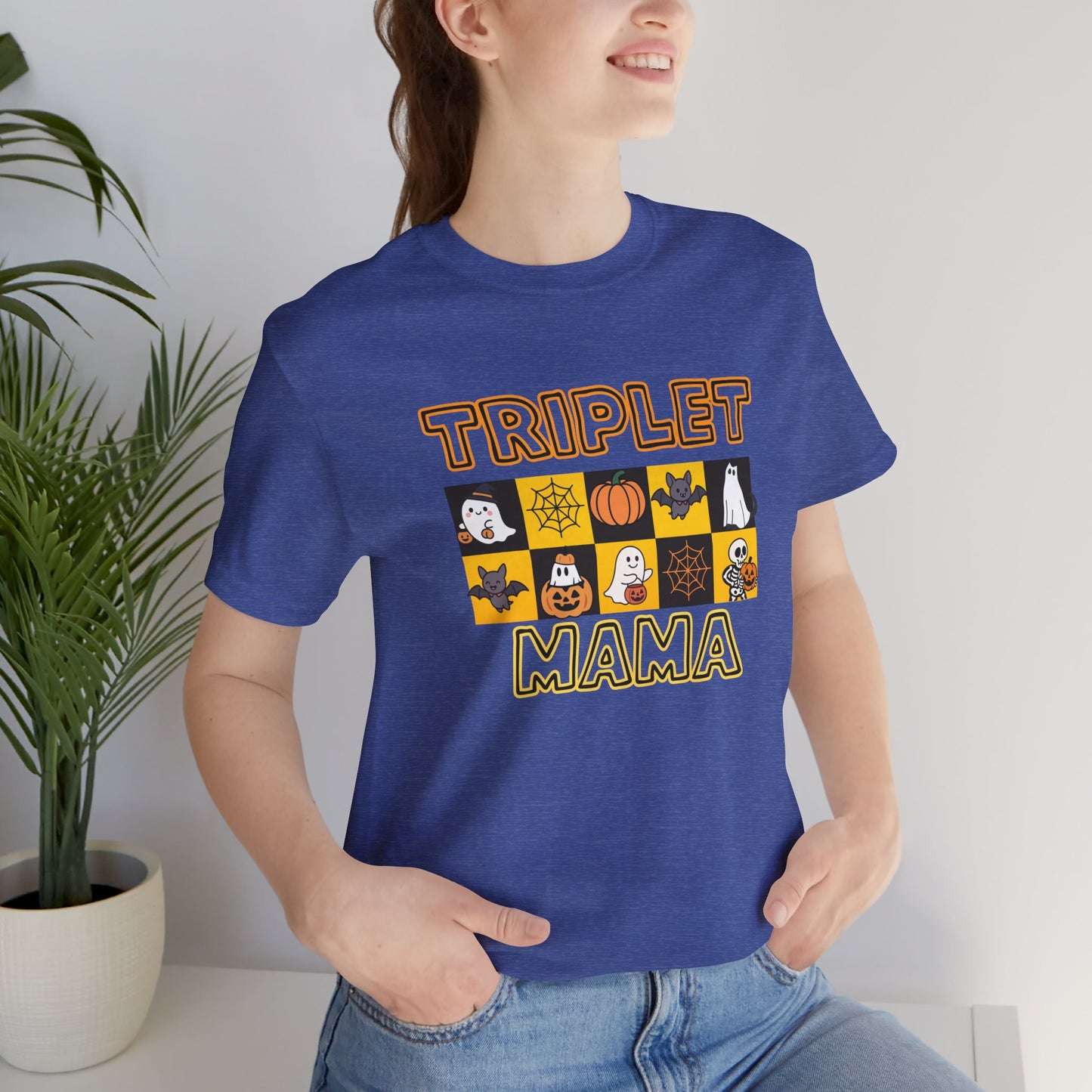 Triplet Mama Halloween Tee — Cute Spooky Mom Shirt with Ghosts & Pumpkins