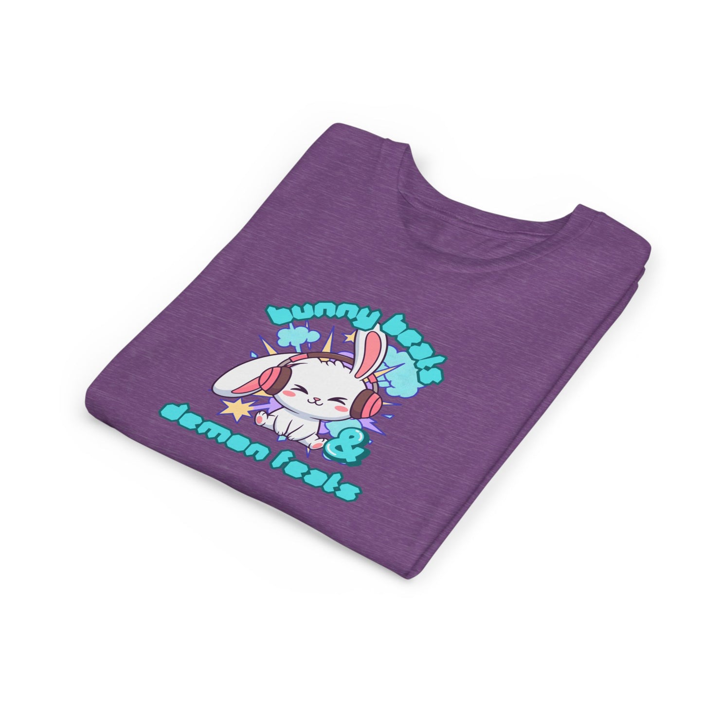 Cute Easter Bunny Headphones Graphic Tee for Young Adults- "Bunny Beats and Demon Feats" Anime K-pop Shirt