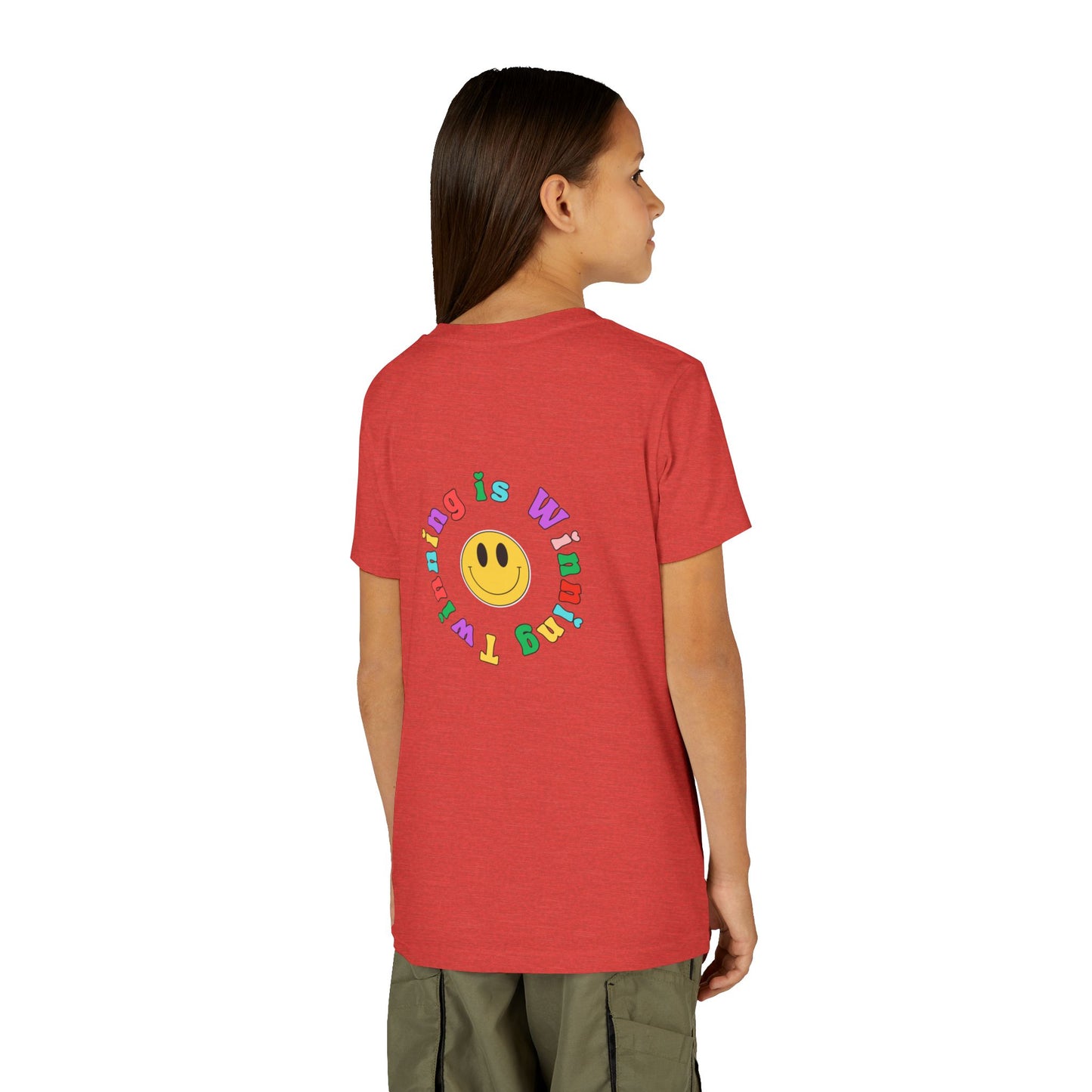 Twin Gymnastics Tee- Front and Back Retro Smiley Face Designs — 'Twinning is Winning' Rainbow