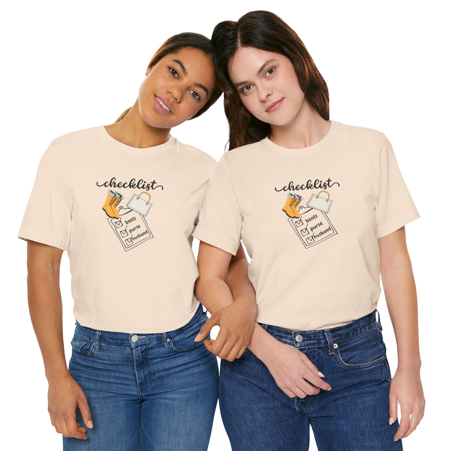 Wife Joke Checklist Tee - 'Checklist: Boots, Purse, Husband' Graphic T-Shirt Christmas Gift