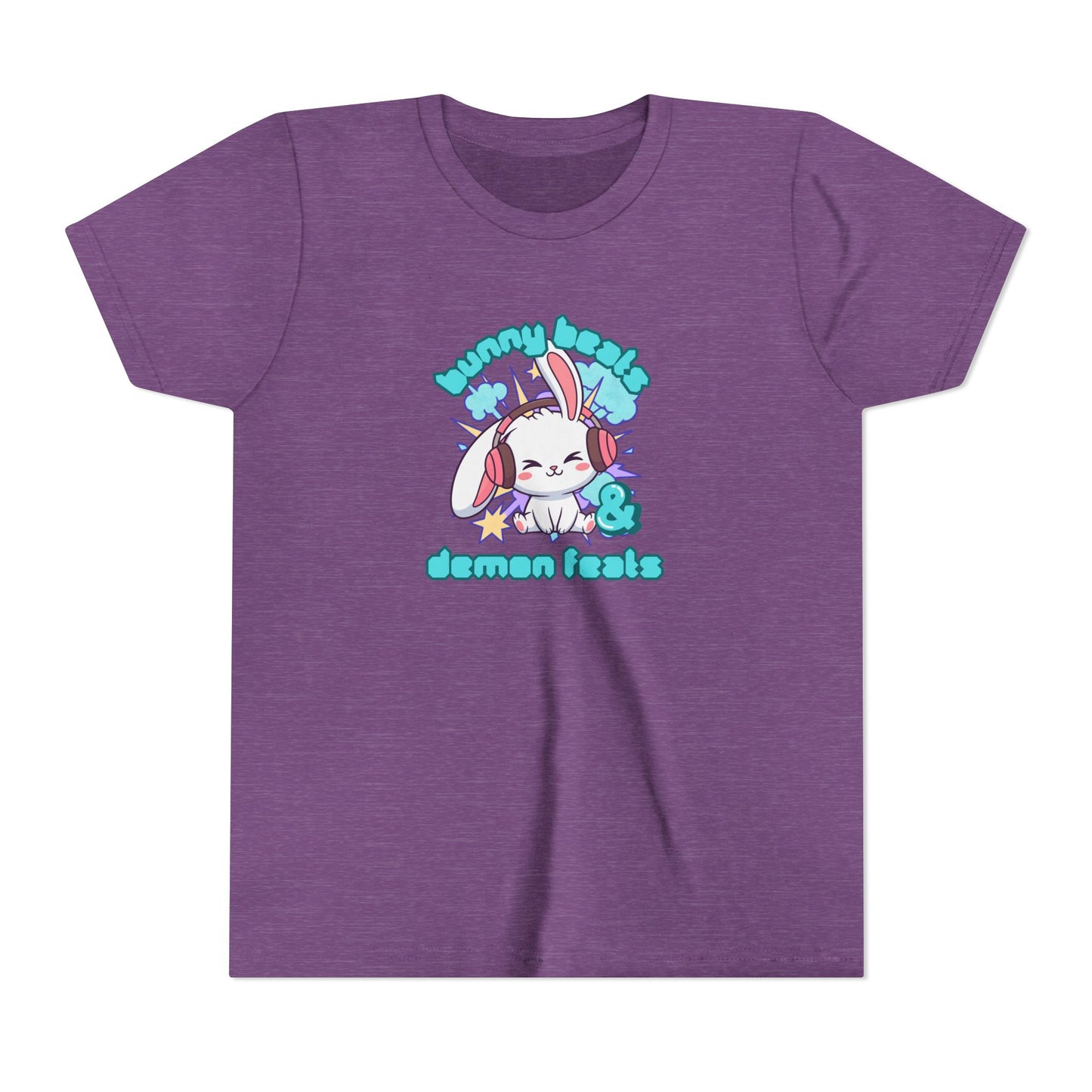 Cute Easter Bunny Headphones Graphic Tee for Young Adults- "Bunny Beats and Demon Feats" Anime K-pop Shirt