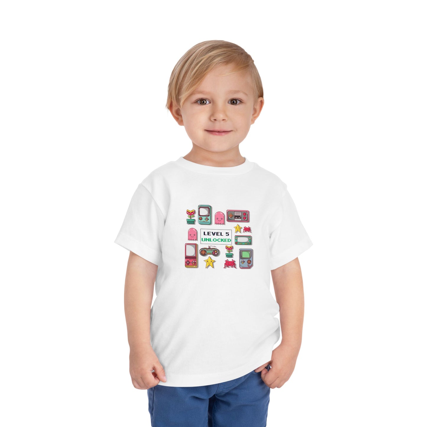 5th Birthday Tee — "Level 5 Unlocked" Retro Game Icons