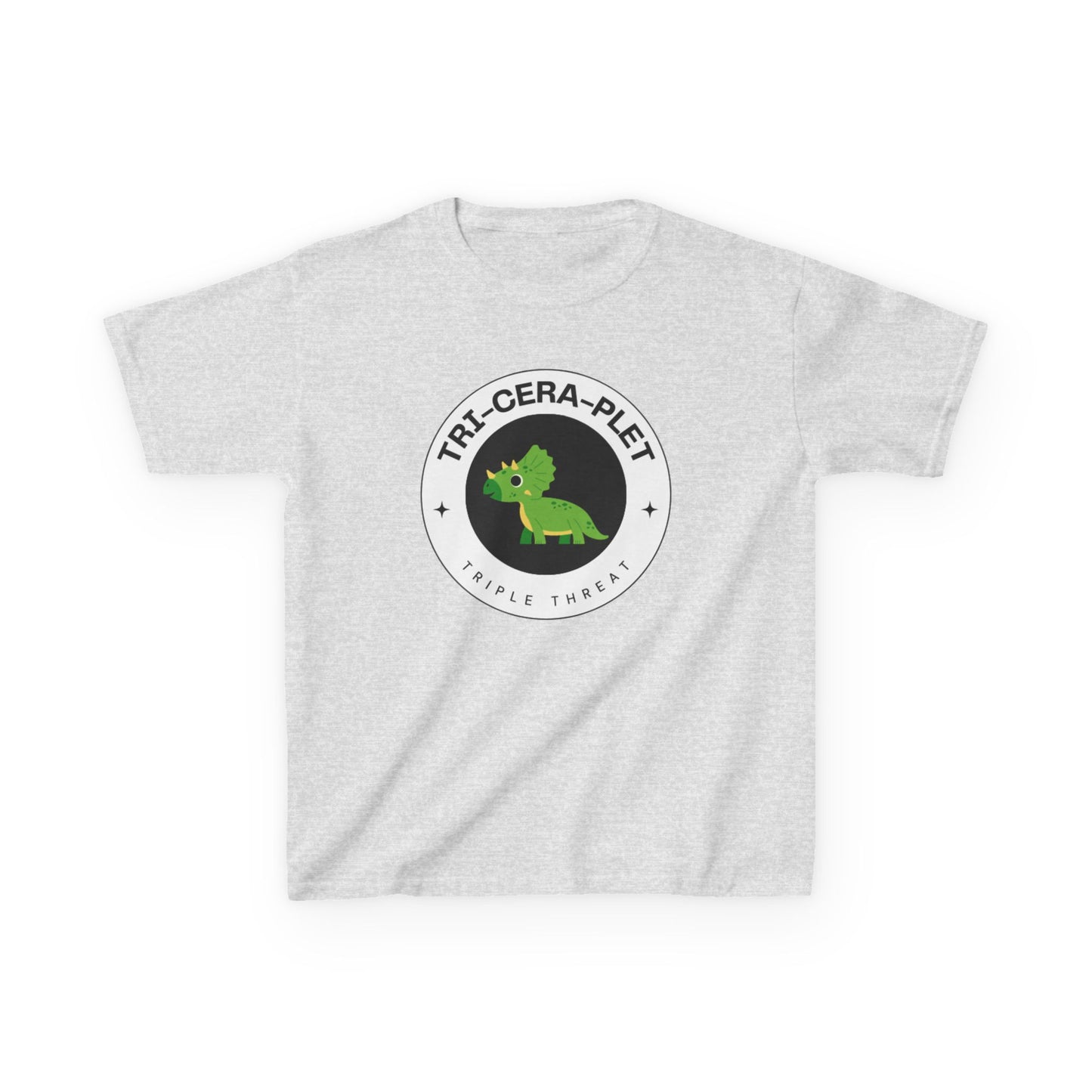 Tri-Cera-Plet Young Kids T-Shirt - Fun Dino Graphic T-Shirt for Triplets