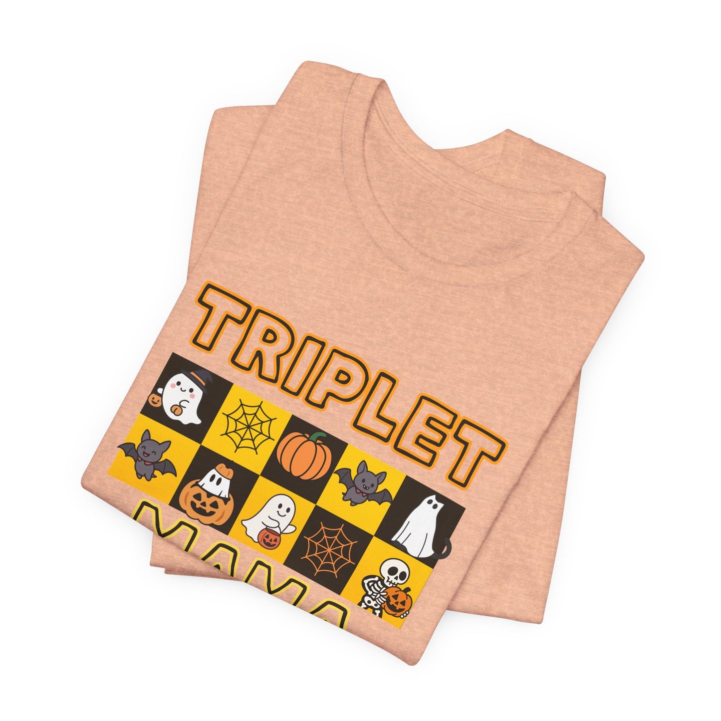 Triplet Mama Halloween Tee — Cute Spooky Mom Shirt with Ghosts & Pumpkins