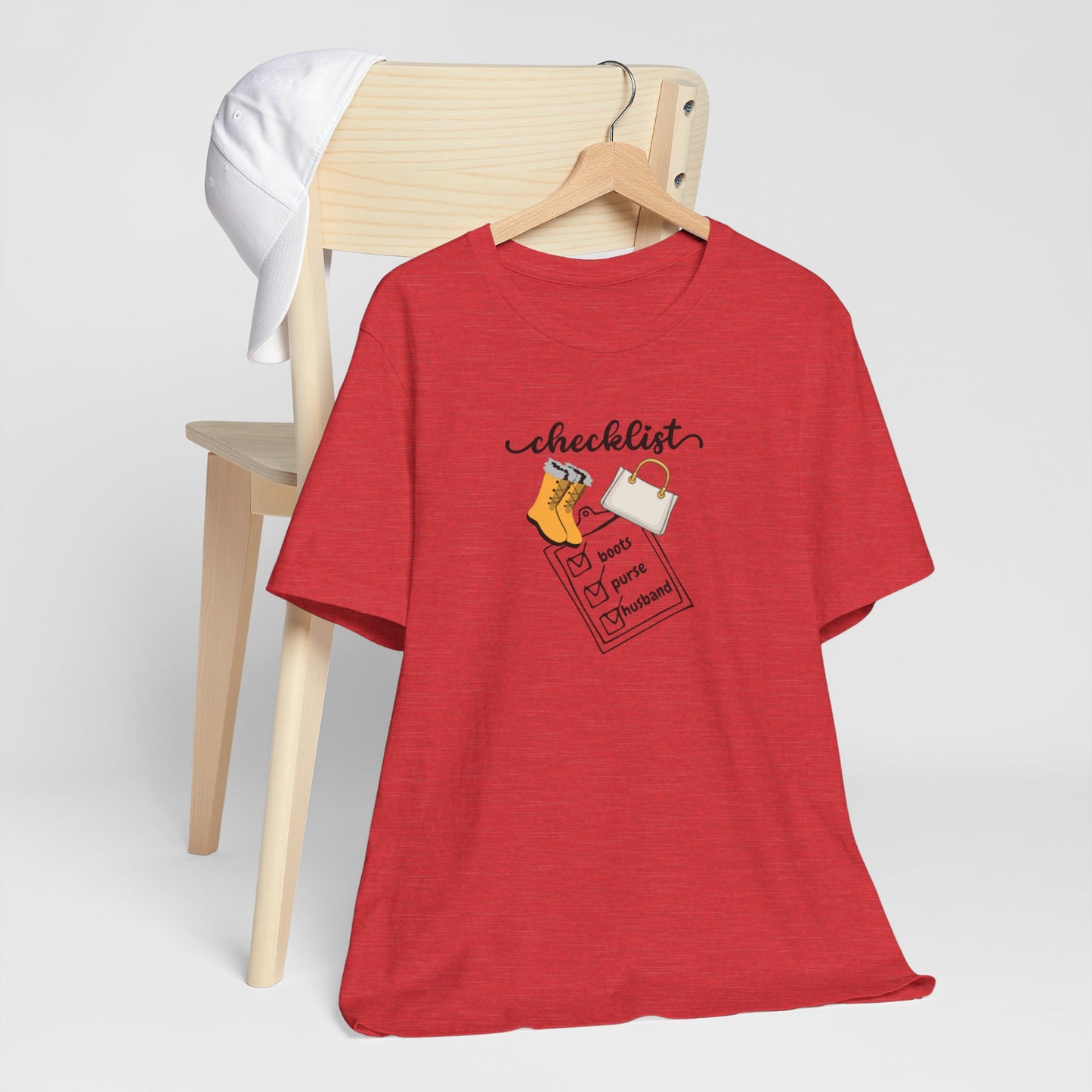 Wife Joke Checklist Tee - 'Checklist: Boots, Purse, Husband' Graphic T-Shirt Christmas Gift