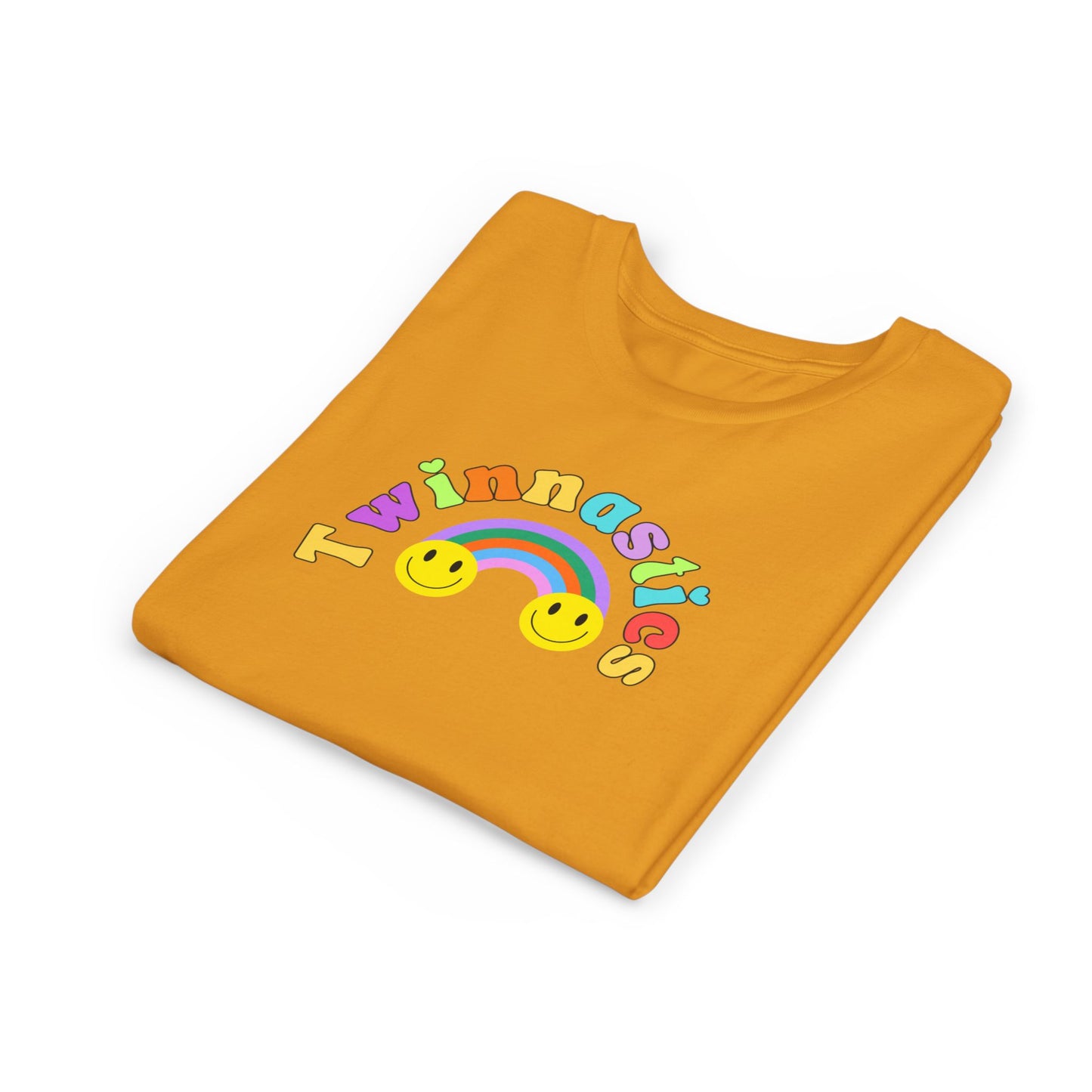 Twin Gymnastics Tee- Front and Back Retro Smiley Face Designs — 'Twinning is Winning' Rainbow