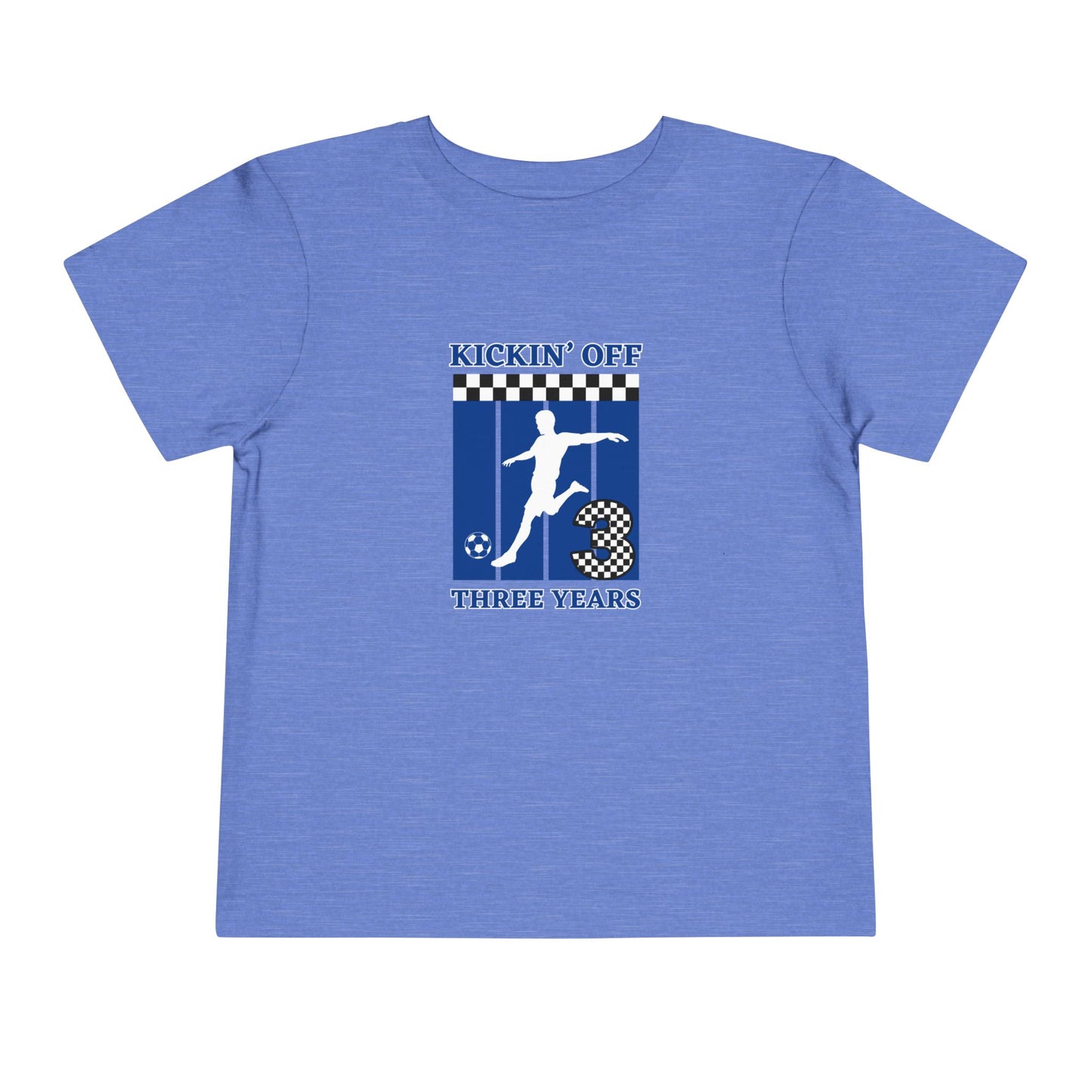 Kickin' Off Three Years Toddler Boy Tee — Soccer Third Birthday Shirt
