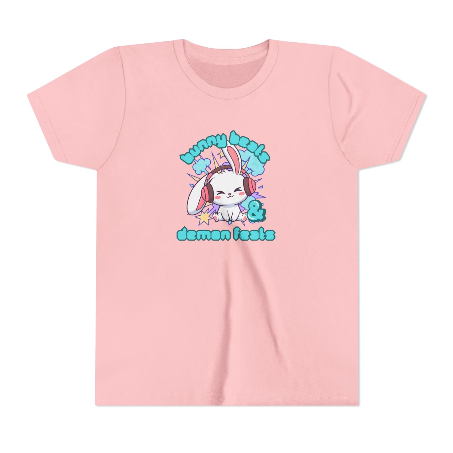 Cute Easter Bunny Headphones Graphic Tee for Young Adults- "Bunny Beats and Demon Feats" Anime K-pop Shirt