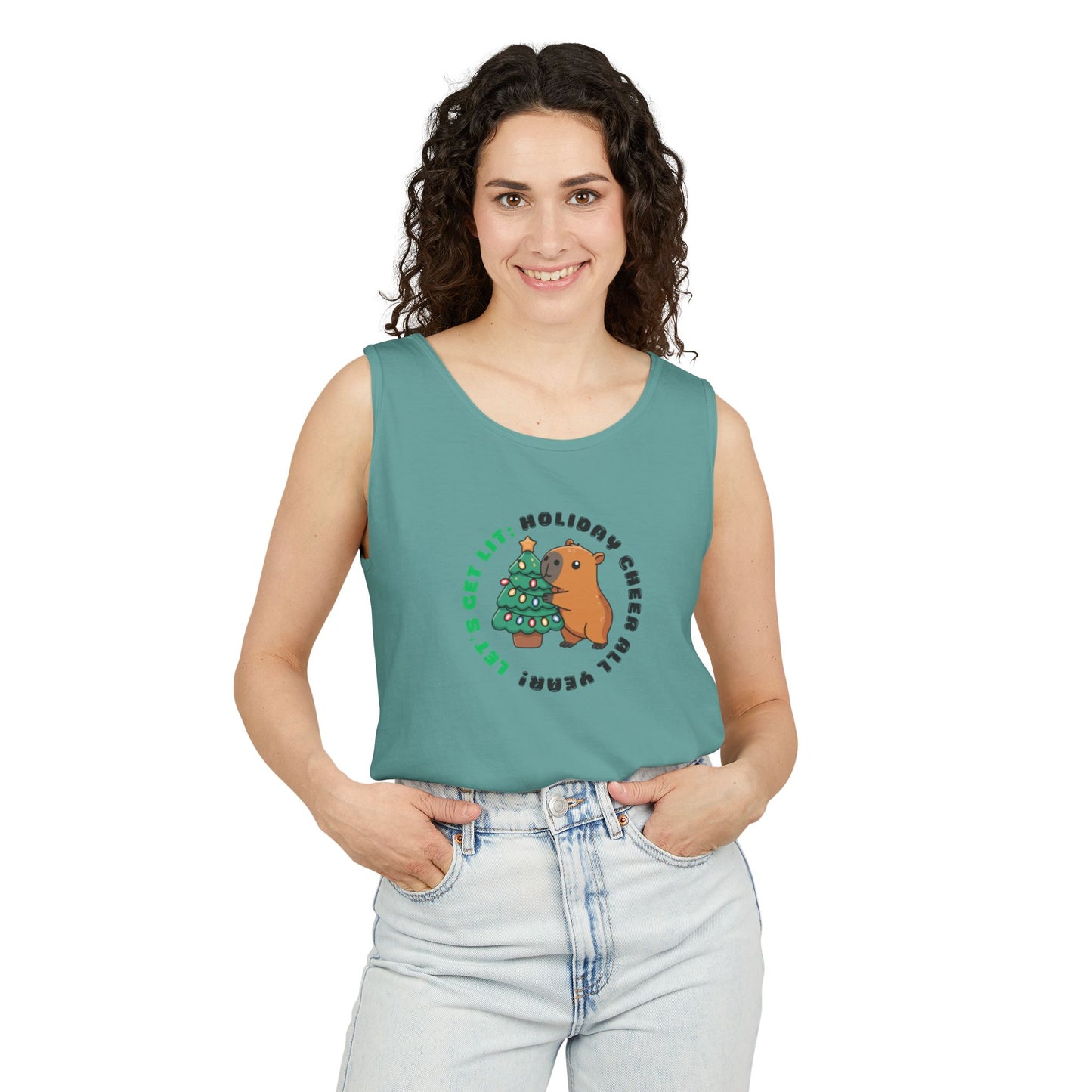 Unisex Holiday Cheer Tank Top — "Get Lit" Christmas Tree & Capybara Graphic