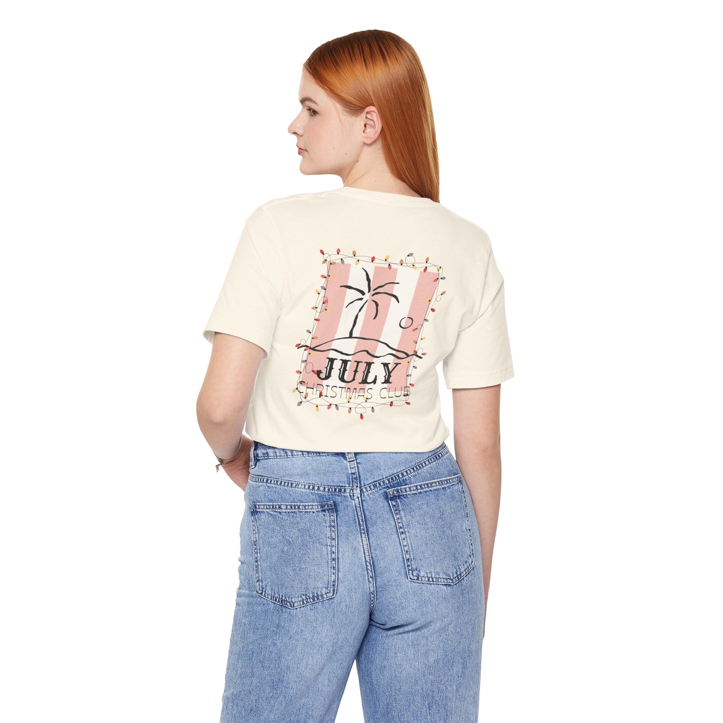 July Christmas Club — Tropical Palm & Holiday Lights Beach Shirt- FRONT AND BACK DESIGN